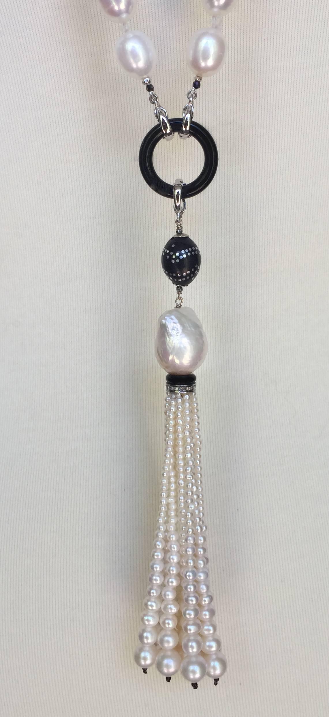 Women's Marina J  Long Pearl Sautoir with Wooden Beads, Silver Inlay and Pearl Tassel For Sale