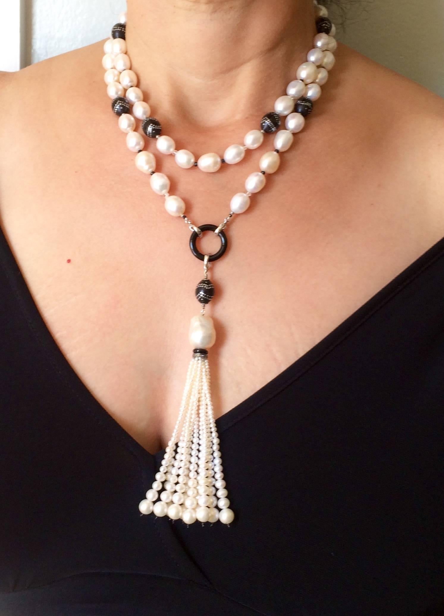 Marina J  Long Pearl Sautoir with Wooden Beads, Silver Inlay and Pearl Tassel For Sale 3