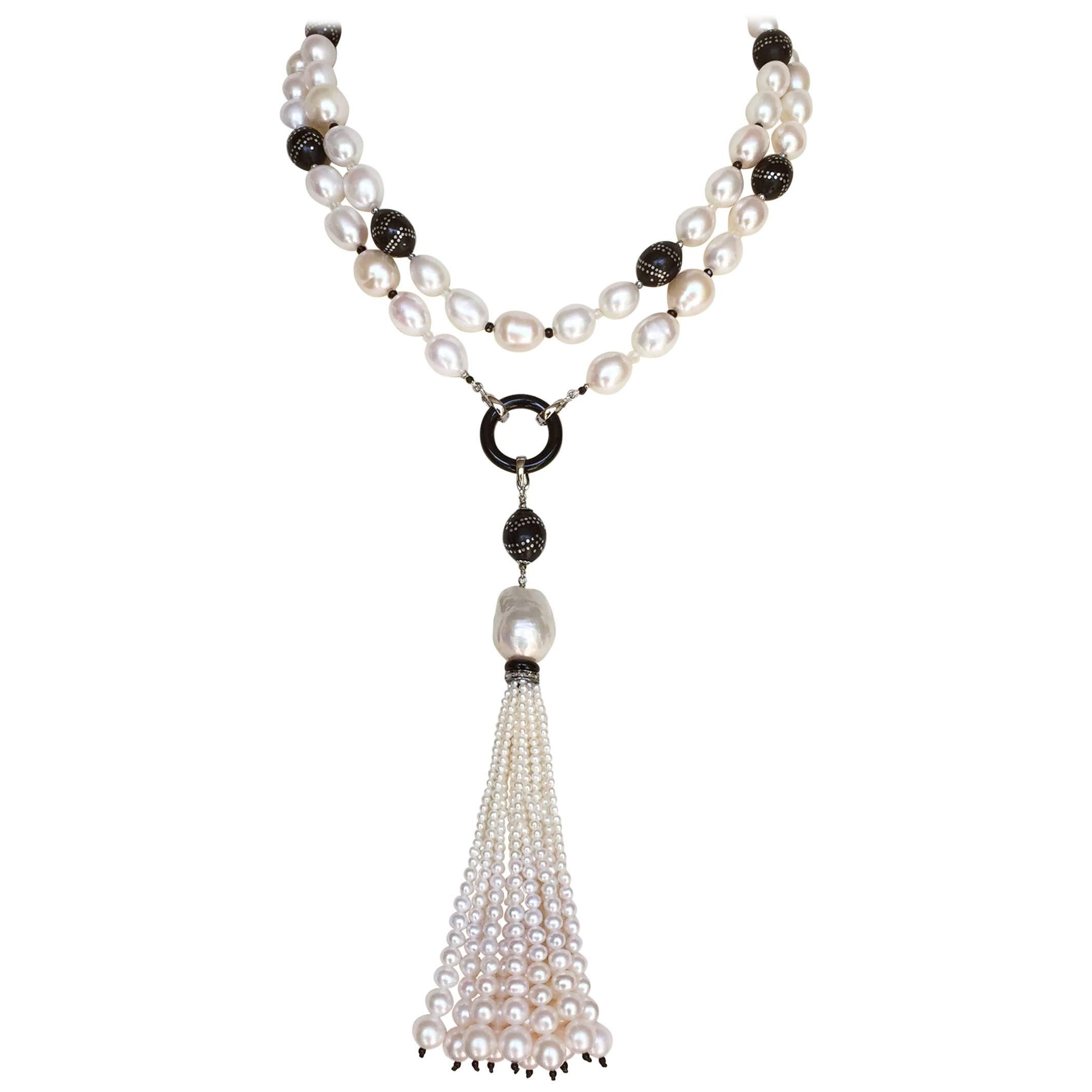 Marina J  Long Pearl Sautoir with Wooden Beads, Silver Inlay and Pearl Tassel For Sale