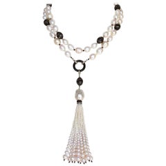 Marina J  Long Pearl Sautoir with Wooden Beads, Silver Inlay and Pearl Tassel