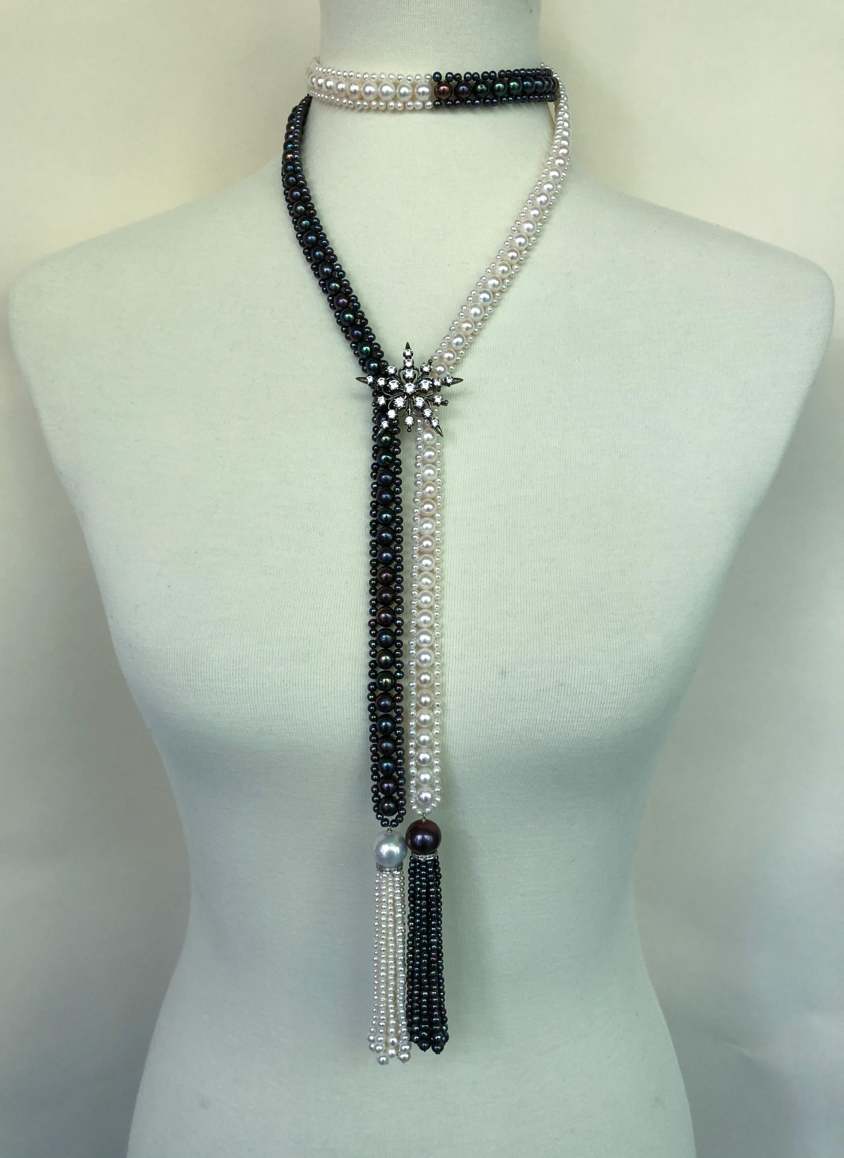 Marina J. Long Woven Black and White Pearl Sautoir Necklace in Art Deco Style In New Condition In Los Angeles, CA