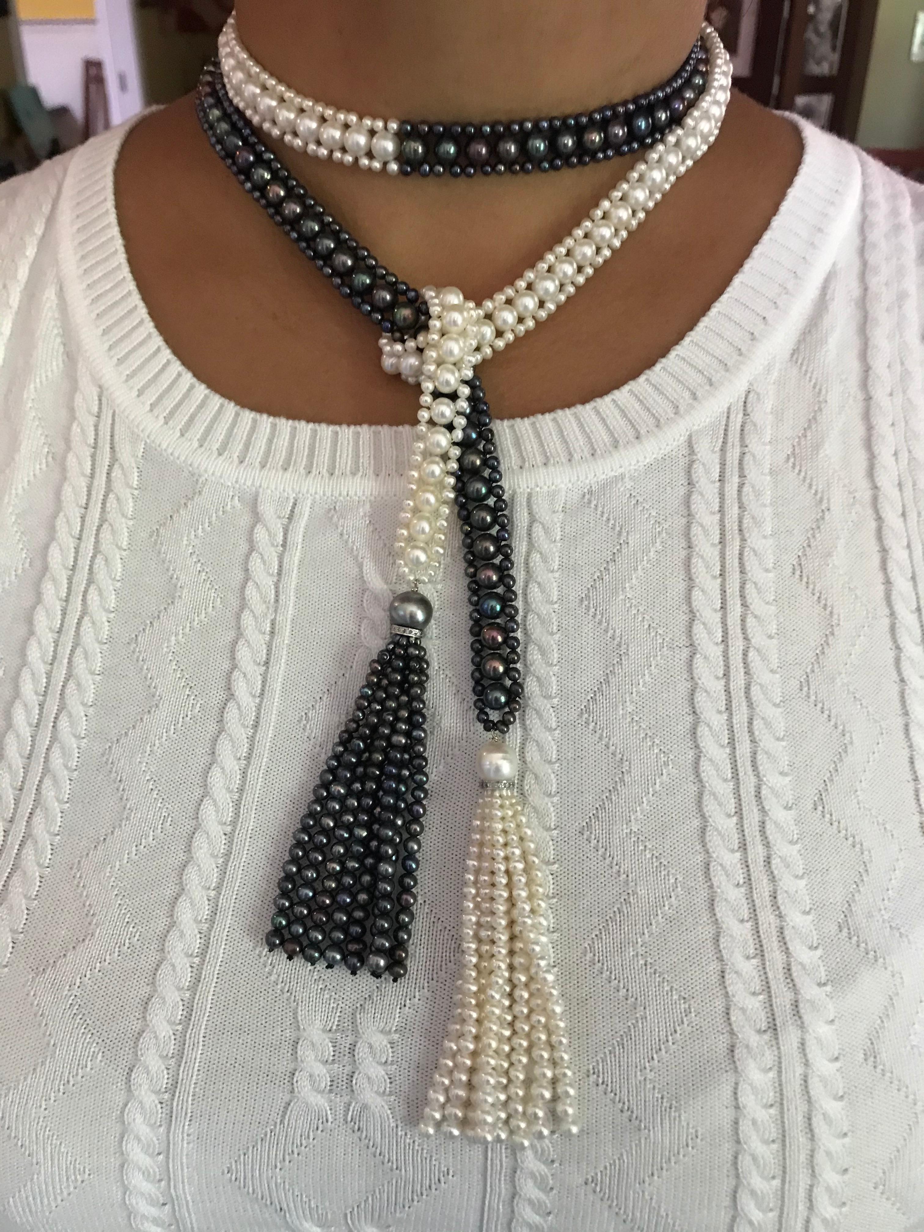 Marina J. Long Woven Black and White Pearl Sautoir Necklace in Art Deco Style 6