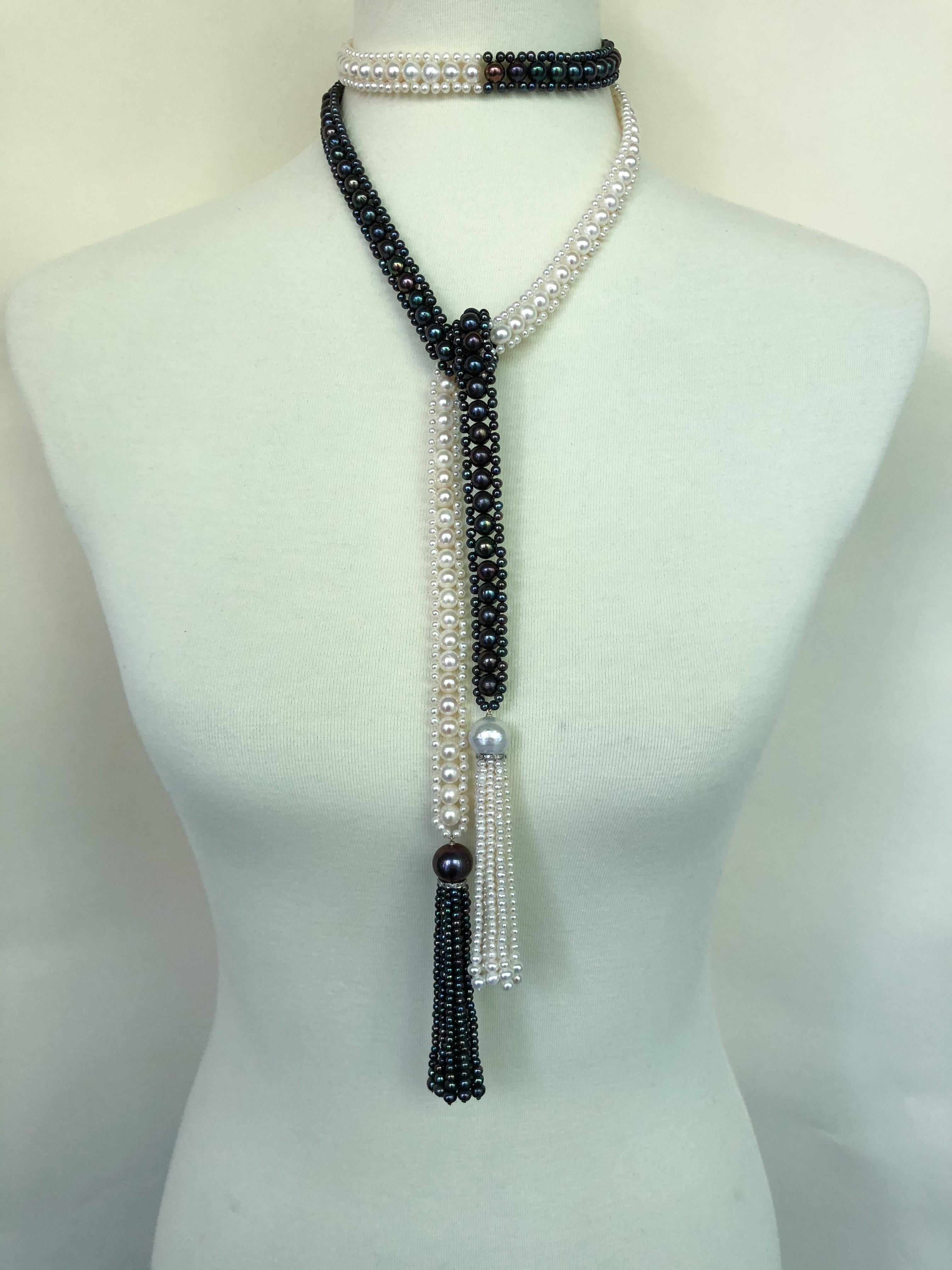 Women's Marina J. Long Woven Black and White Pearl Sautoir Necklace in Art Deco Style