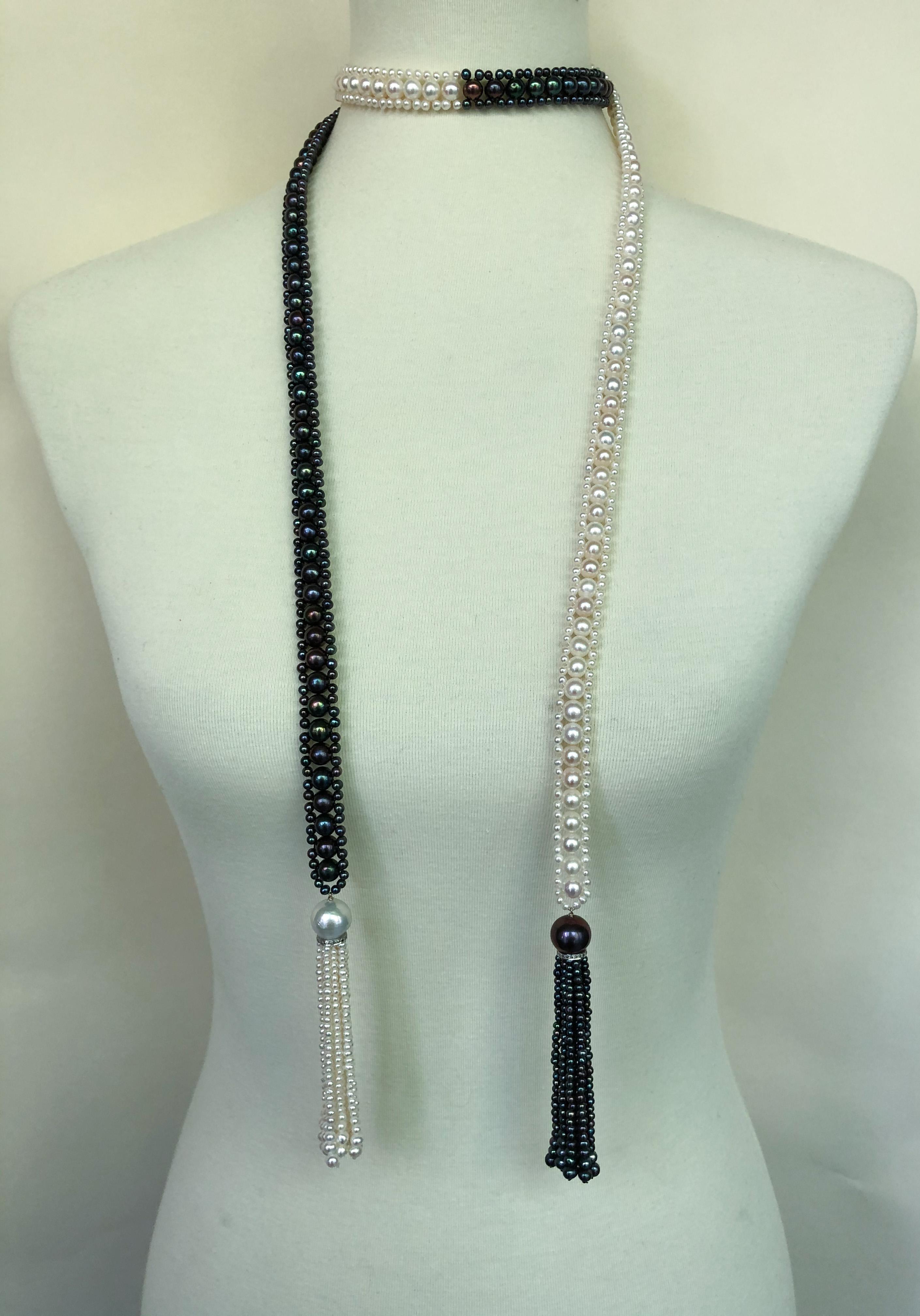 Brilliant Cut Marina J. Long Woven Black and White Pearl Sautoir Necklace in Art Deco Style