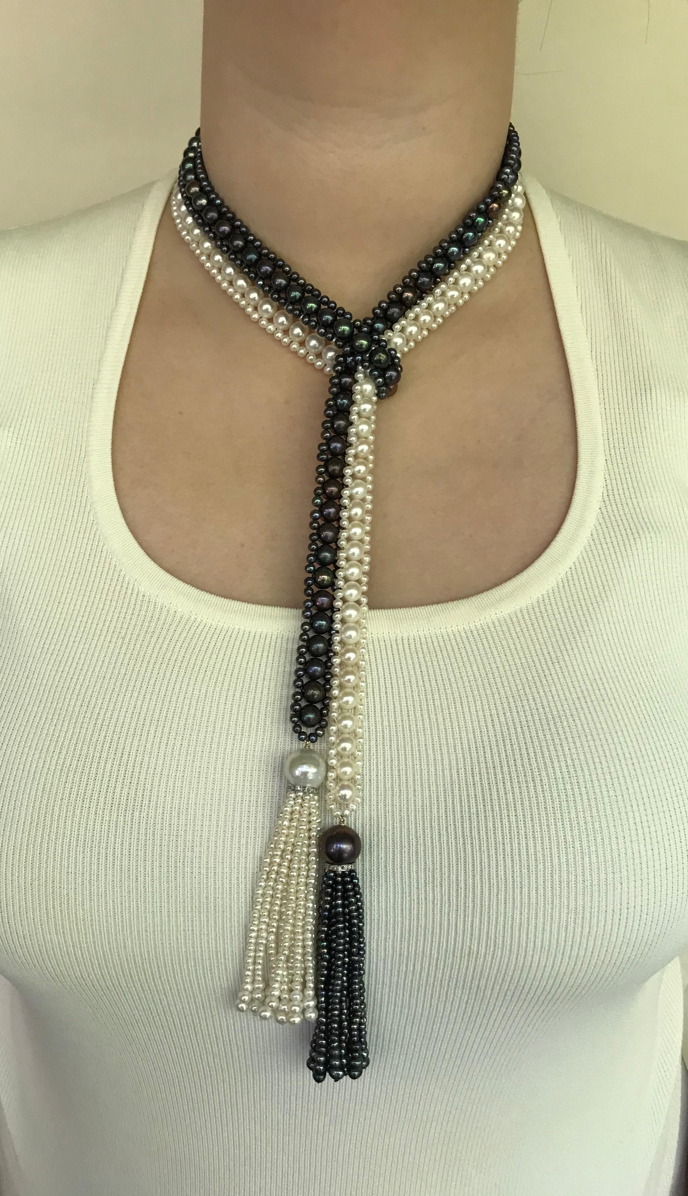 Marina J. Long Woven Black and White Pearl Sautoir Necklace in Art Deco Style 1