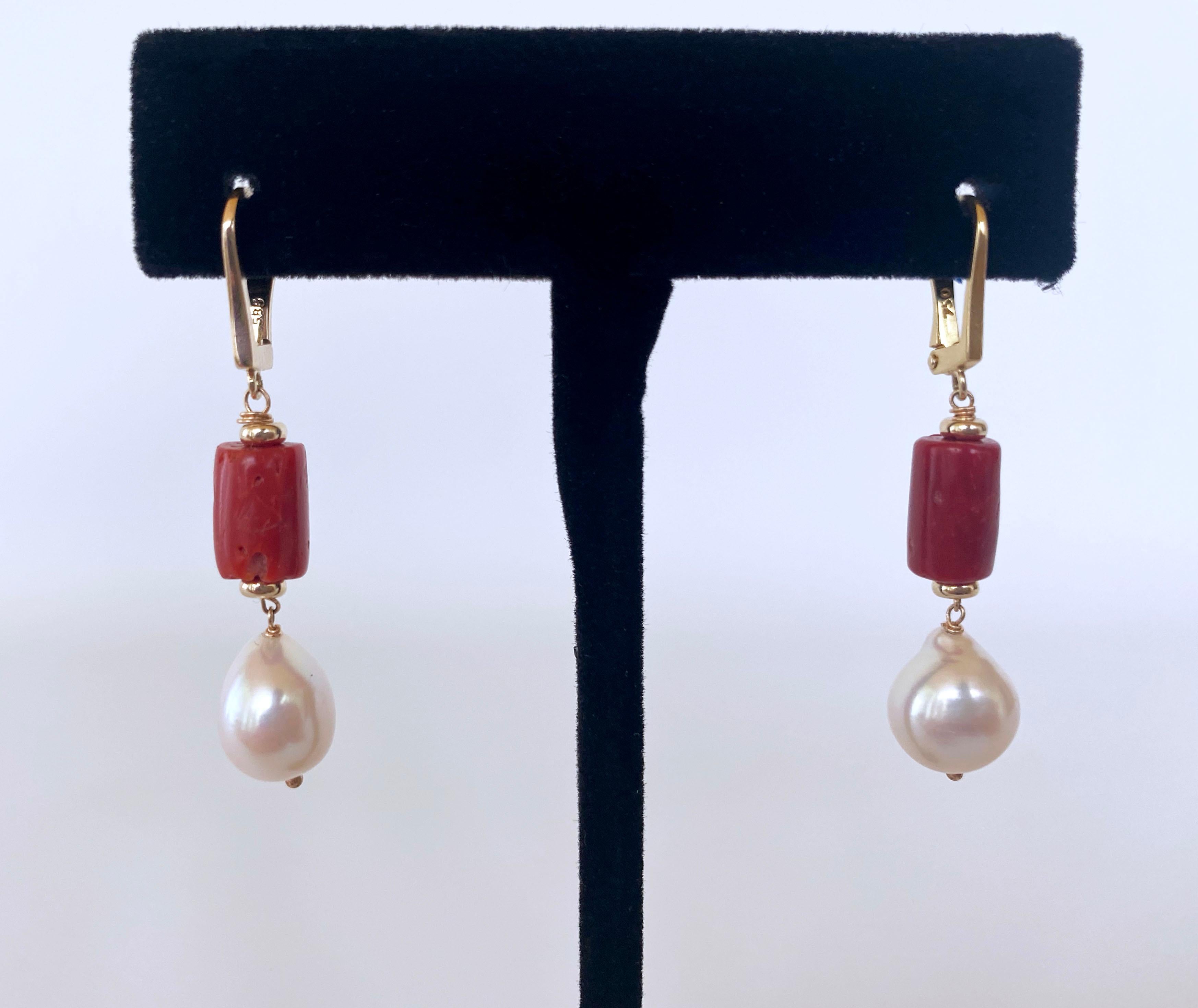 Marina J. Mediterranean Coral, Pearl and 14K Yellow Gold Lever Back Earrings In New Condition For Sale In Los Angeles, CA