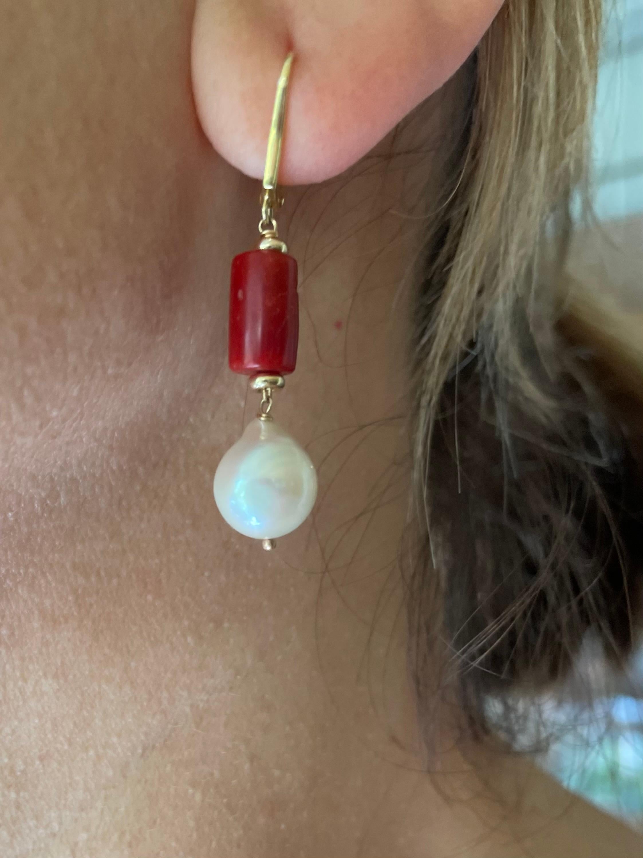 Artisan Marina J. Mediterranean Coral, Pearl and 14K Yellow Gold Lever Back Earrings For Sale