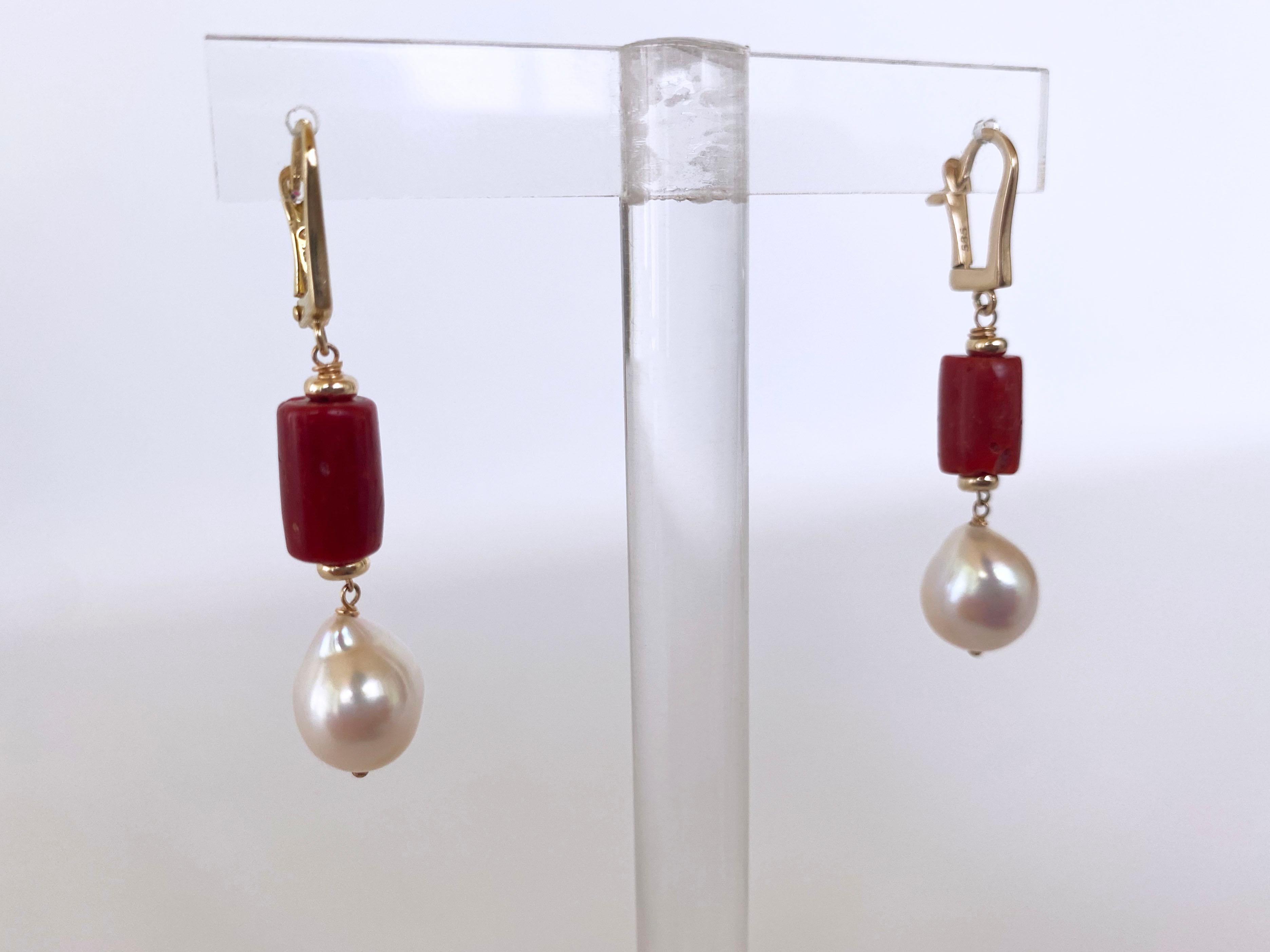 Bead Marina J. Mediterranean Coral, Pearl and 14K Yellow Gold Lever Back Earrings For Sale