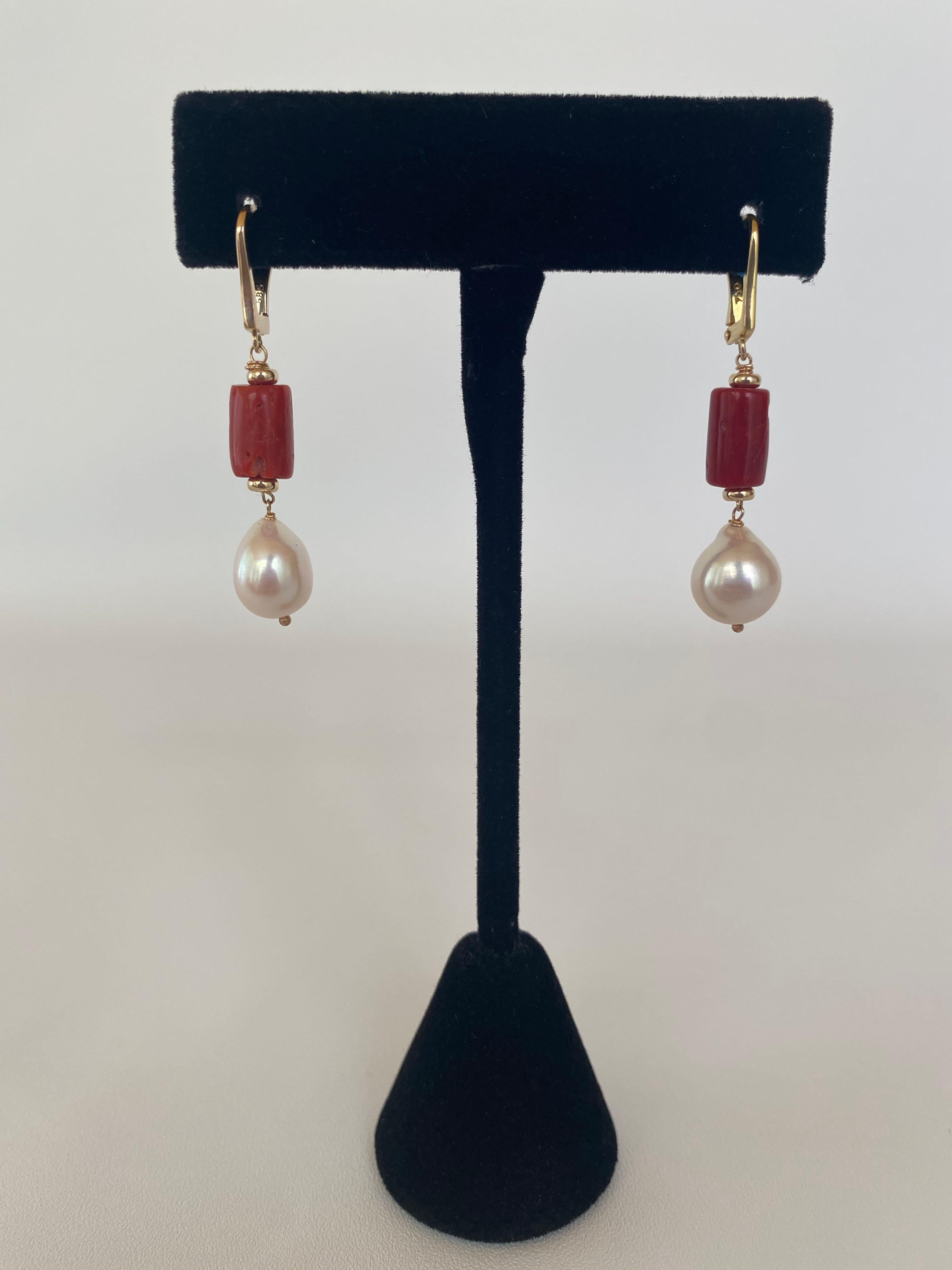 Marina J. Mediterranean Coral, Pearl and 14K Yellow Gold Lever Back Earrings For Sale 1