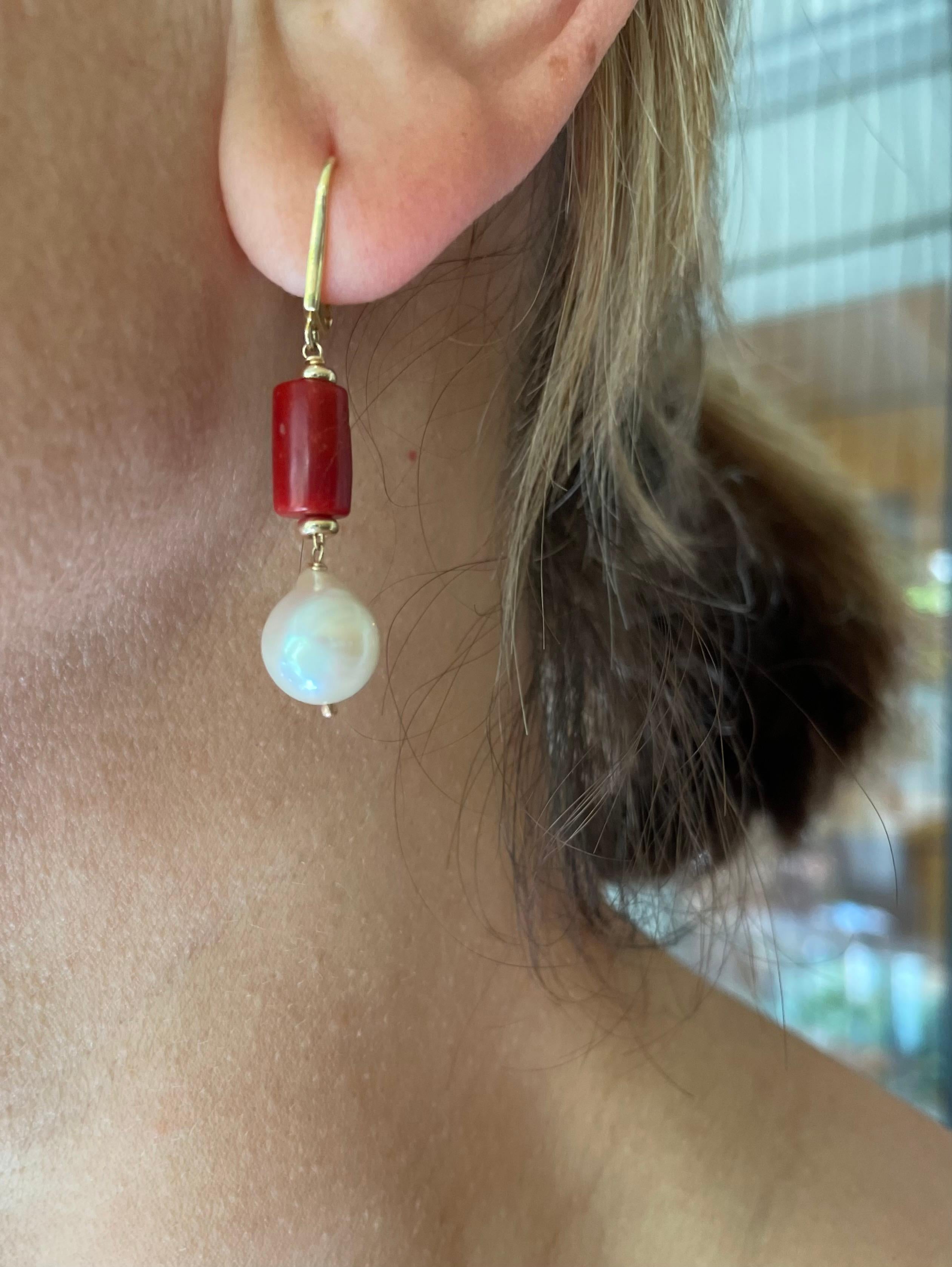 Men's Marina J. Mediterranean Coral, Pearl and 14K Yellow Gold Lever Back Earrings For Sale