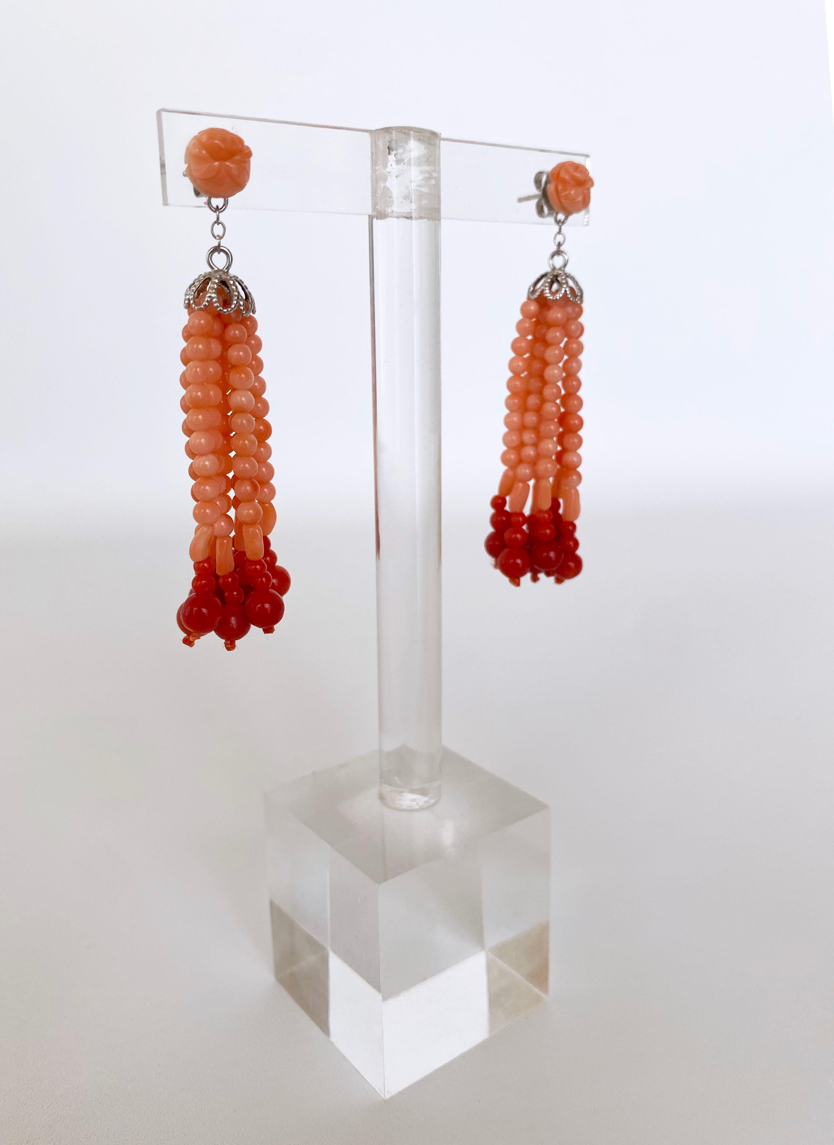 Bead Marina J. Mediterranean Coral Tassel Earrings with 14K White Gold For Sale