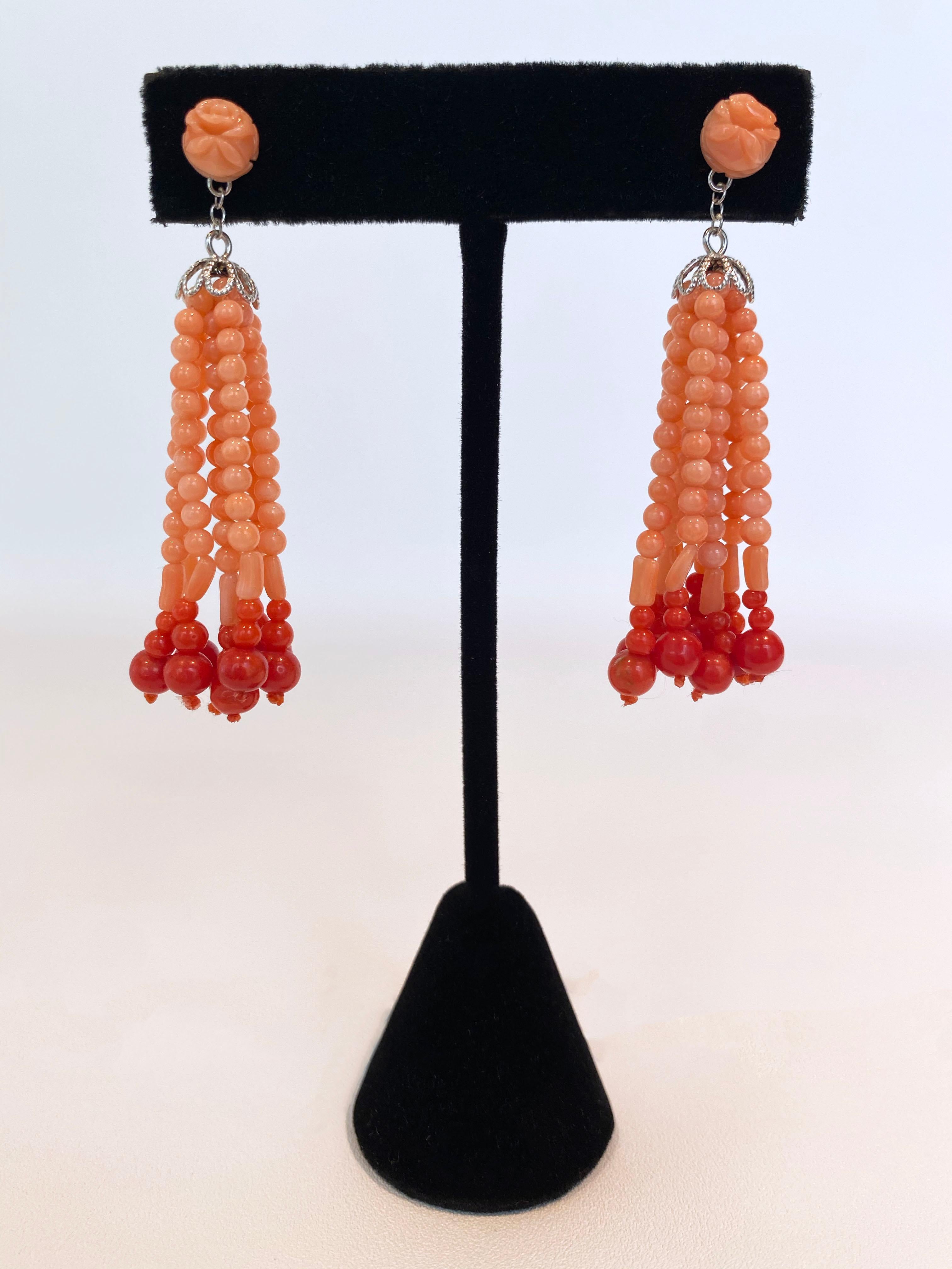 Women's Marina J. Mediterranean Coral Tassel Earrings with 14K White Gold For Sale