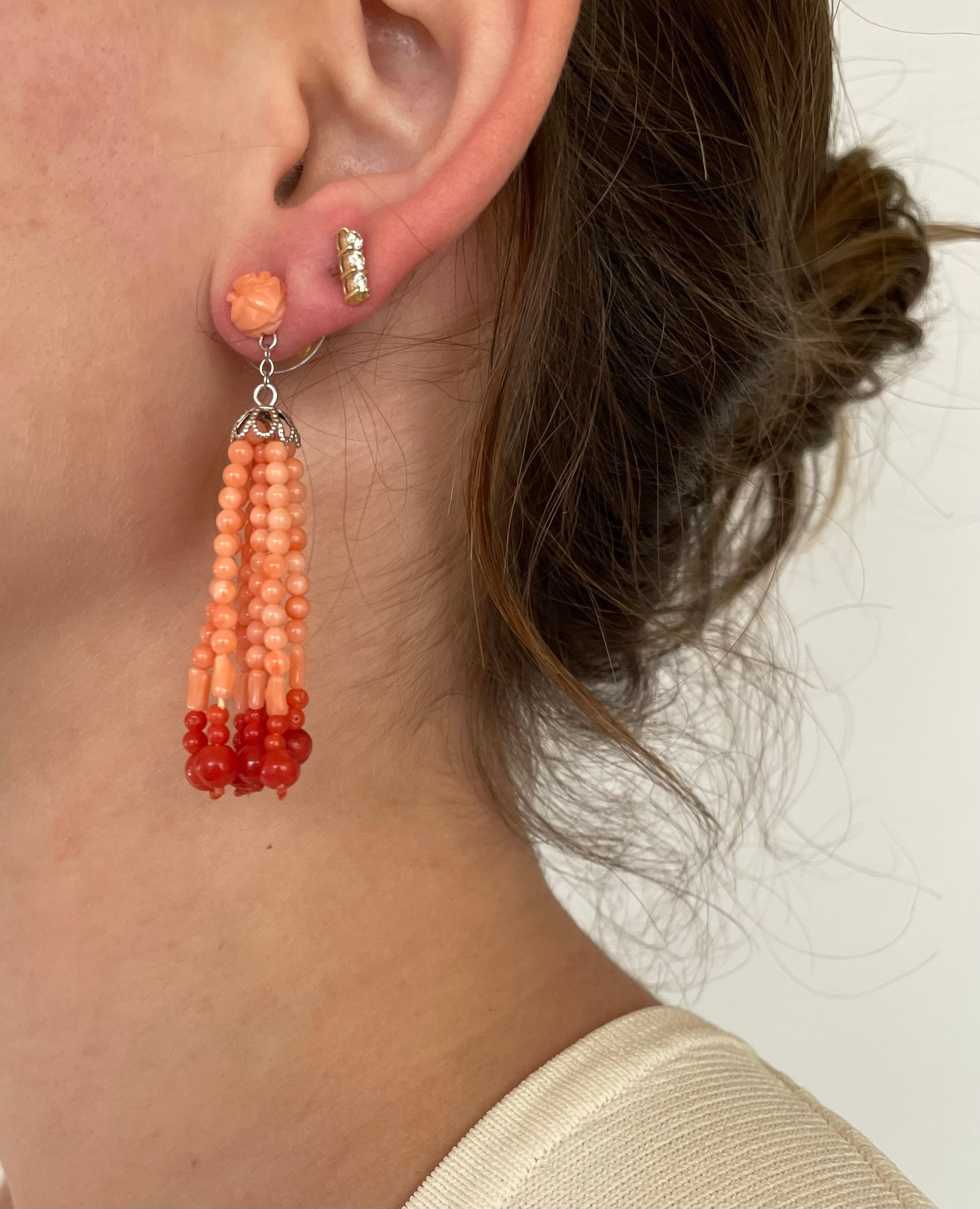 Marina J. Mediterranean Coral Tassel Earrings with 14K White Gold In New Condition For Sale In Los Angeles, CA