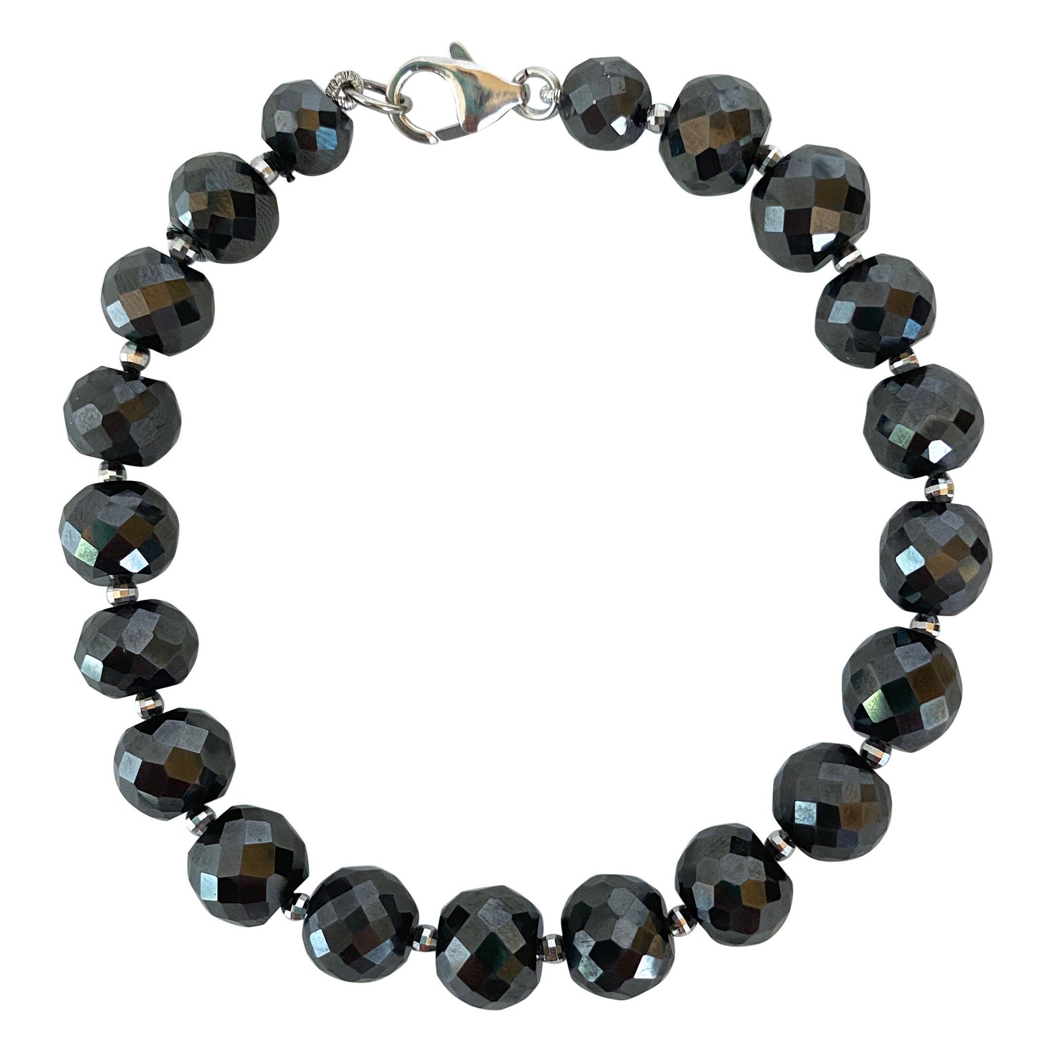 Marina J. Pulsera para hombre con espinela negra y cuentas facetadas de rodio plateado