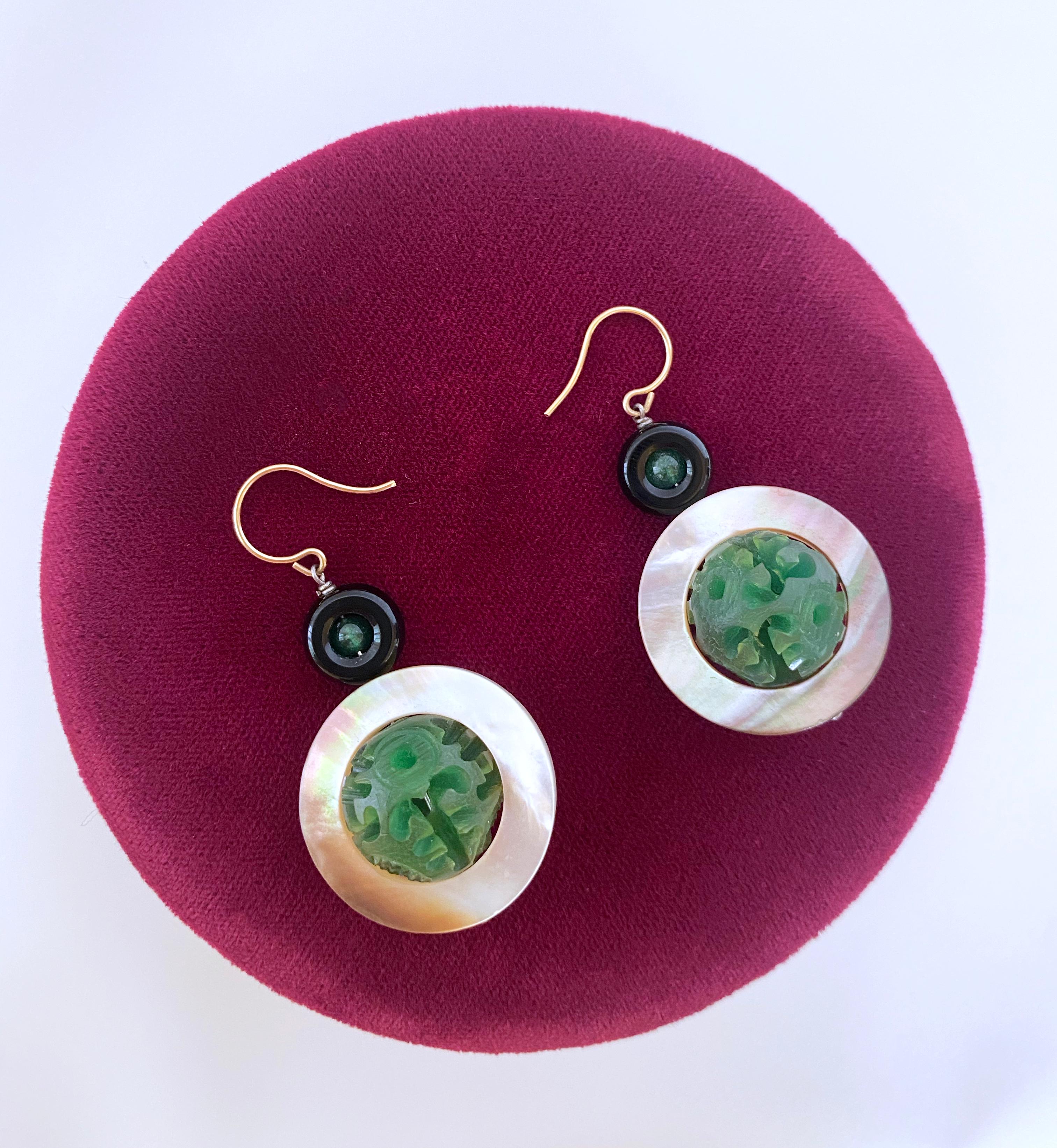 Marina J. Mother of Pearl, Emerald, Onyx and Bakolite Earrings, 14k Yellow Gold For Sale 2