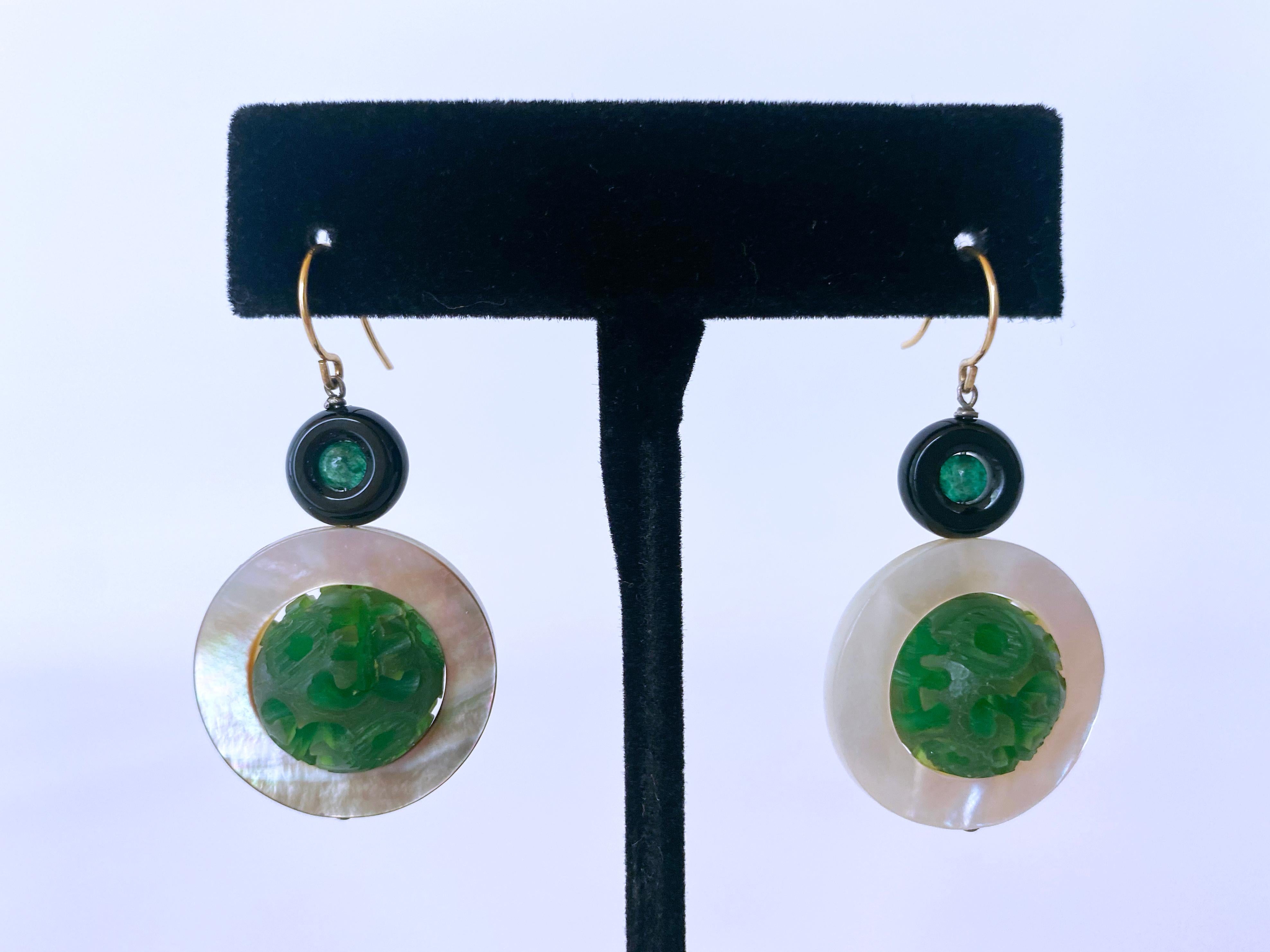 Artisan Marina J. Mother of Pearl, Emerald, Onyx and Bakolite Earrings, 14k Yellow Gold For Sale