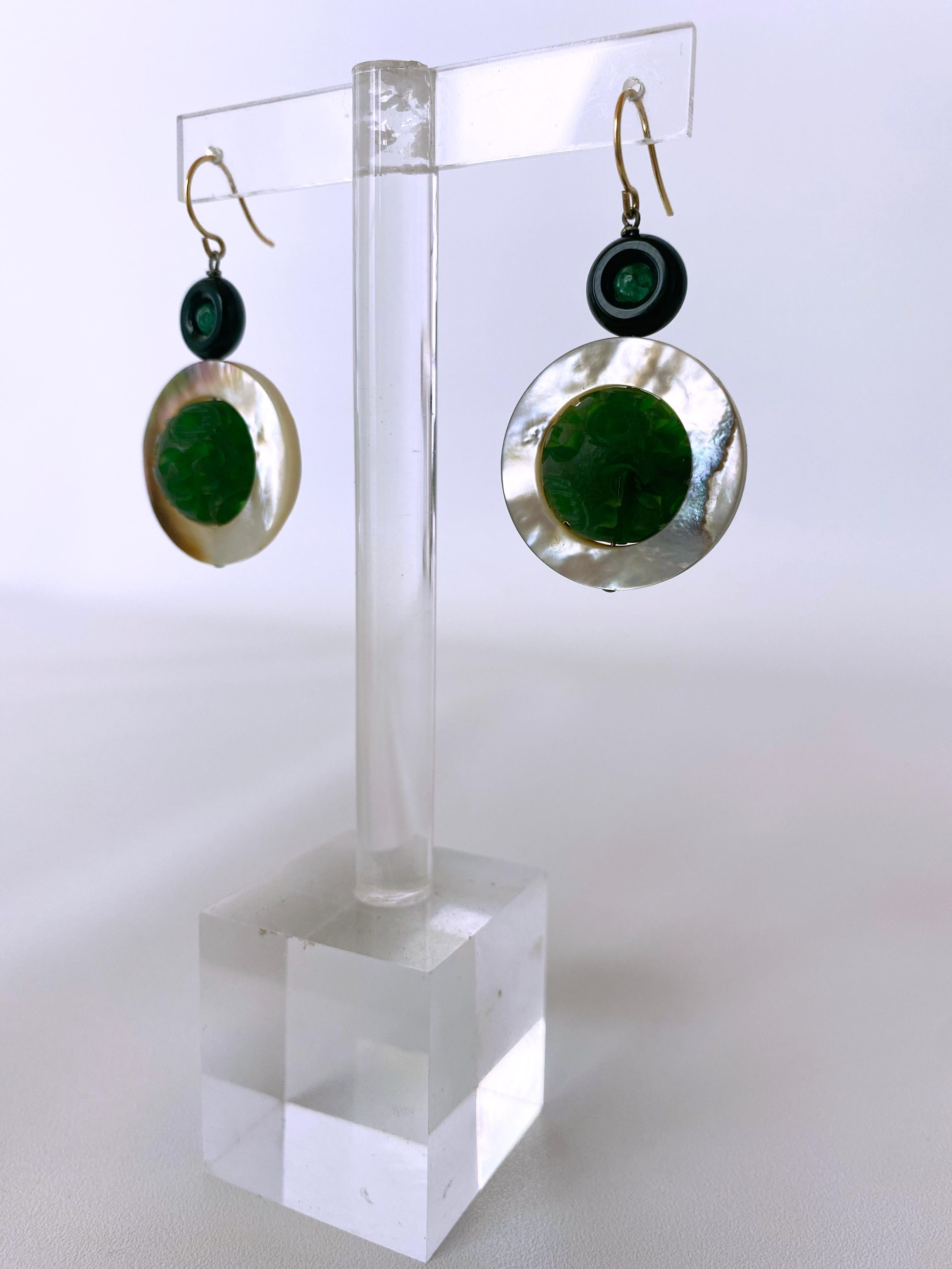 Bead Marina J. Mother of Pearl, Emerald, Onyx and Bakolite Earrings, 14k Yellow Gold For Sale