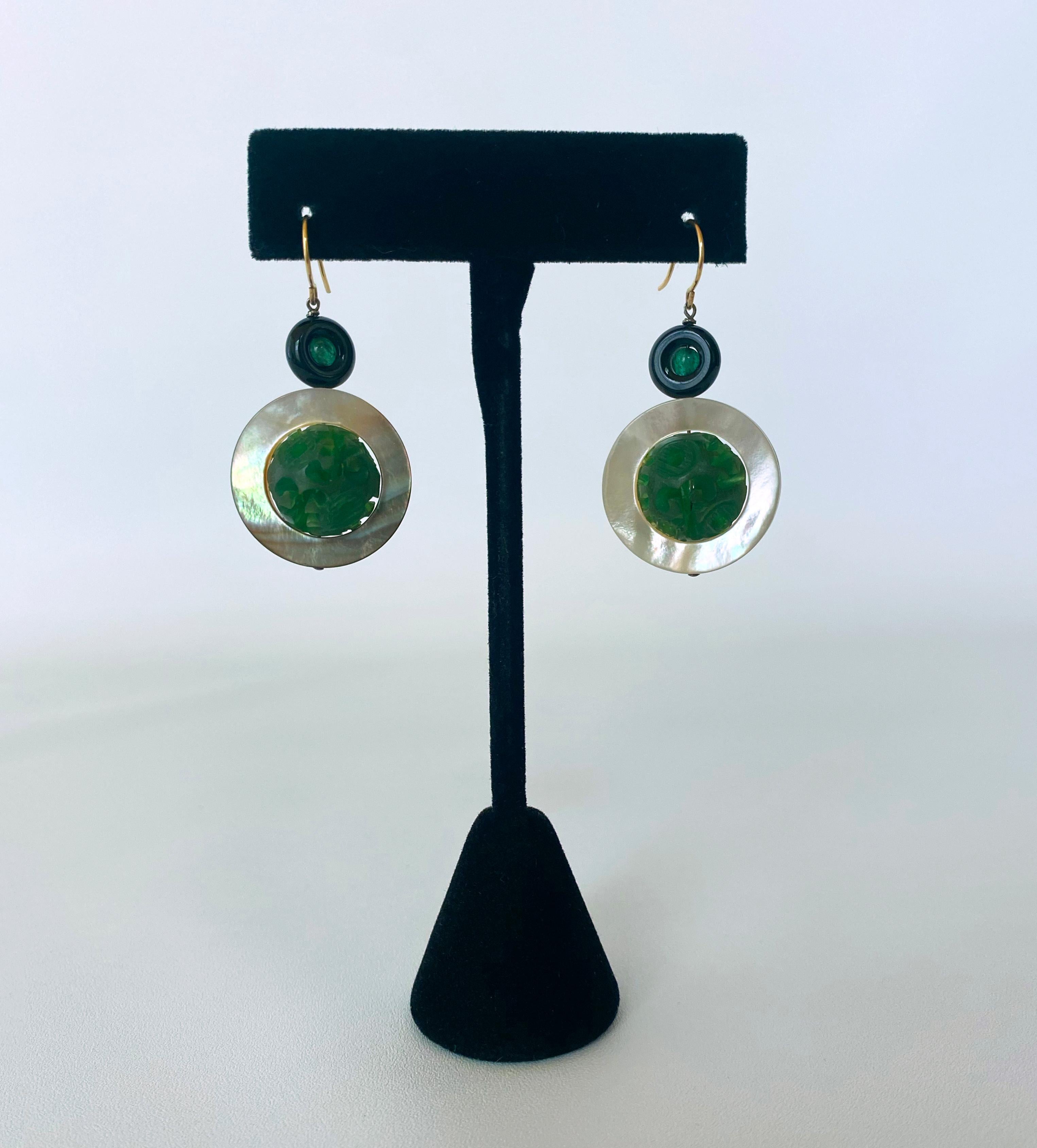 Marina J. Mother of Pearl, Emerald, Onyx and Bakolite Earrings, 14k Yellow Gold In New Condition For Sale In Los Angeles, CA