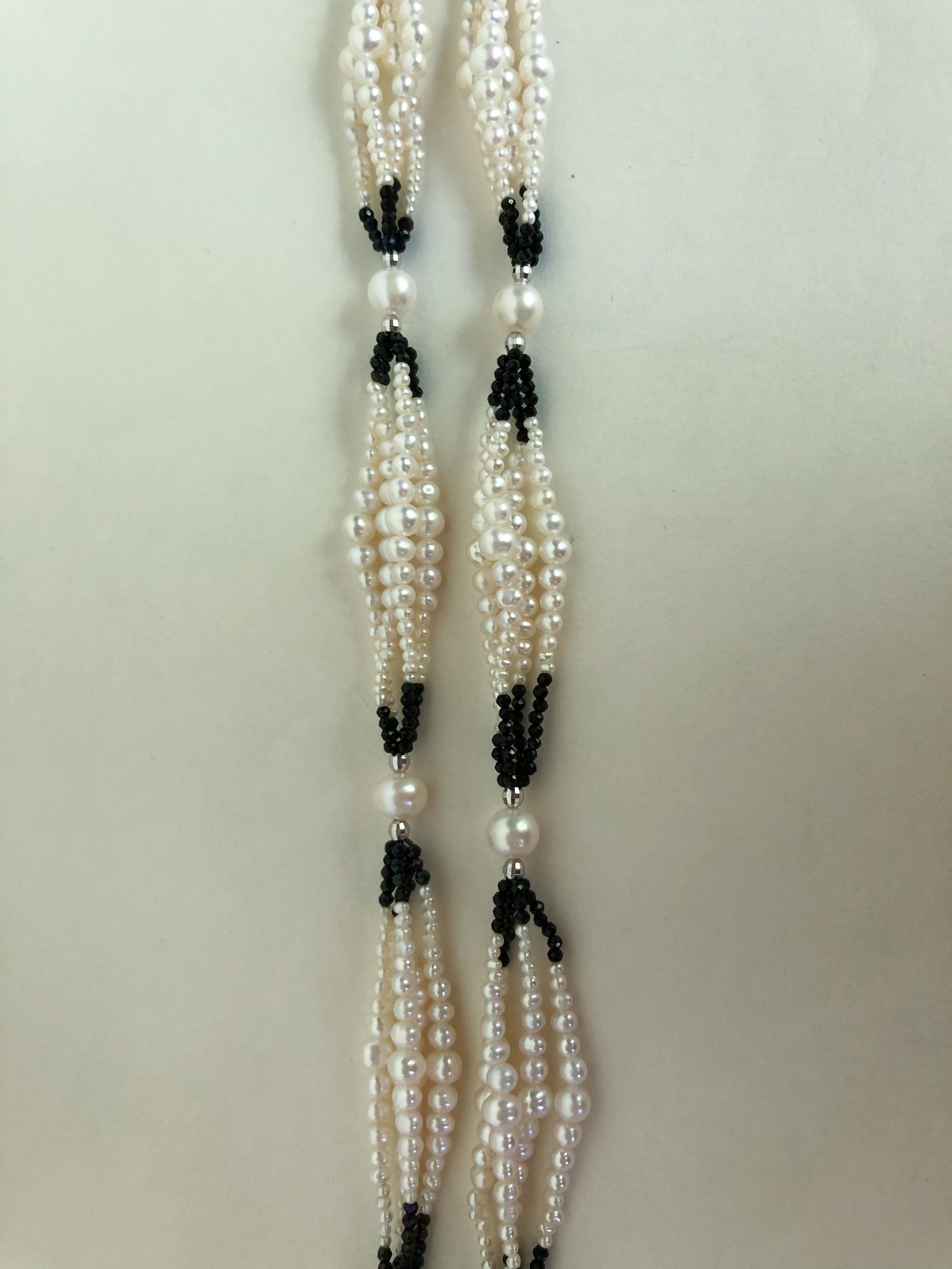 Bead Marina J. Multi Graduated Sautoir with Raw Diamonds , White Pearls, Black Spinel