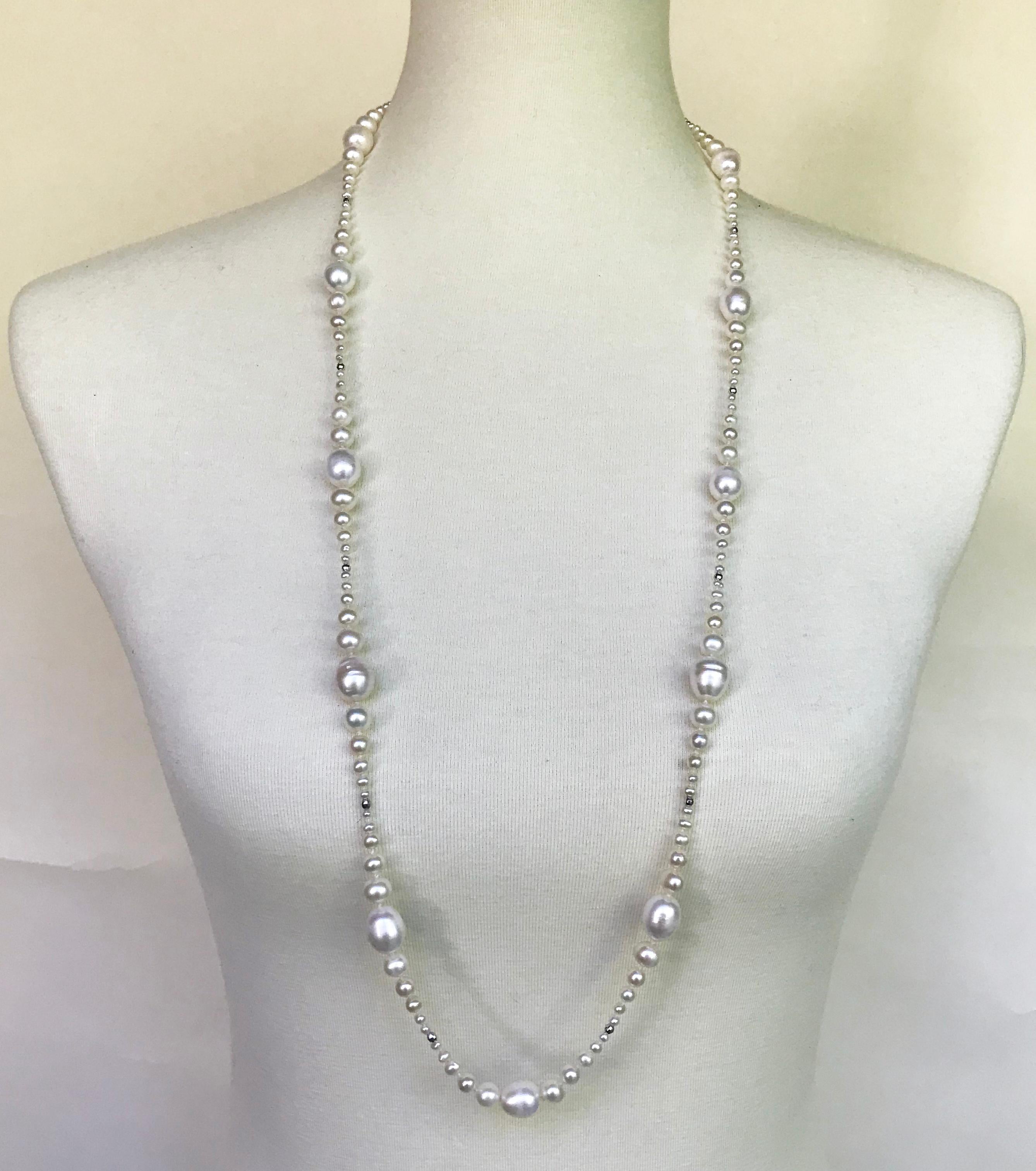 Marina J Multi-Graduated White Pearl Long Necklace with White Gold Clasp & Beads In New Condition In Los Angeles, CA