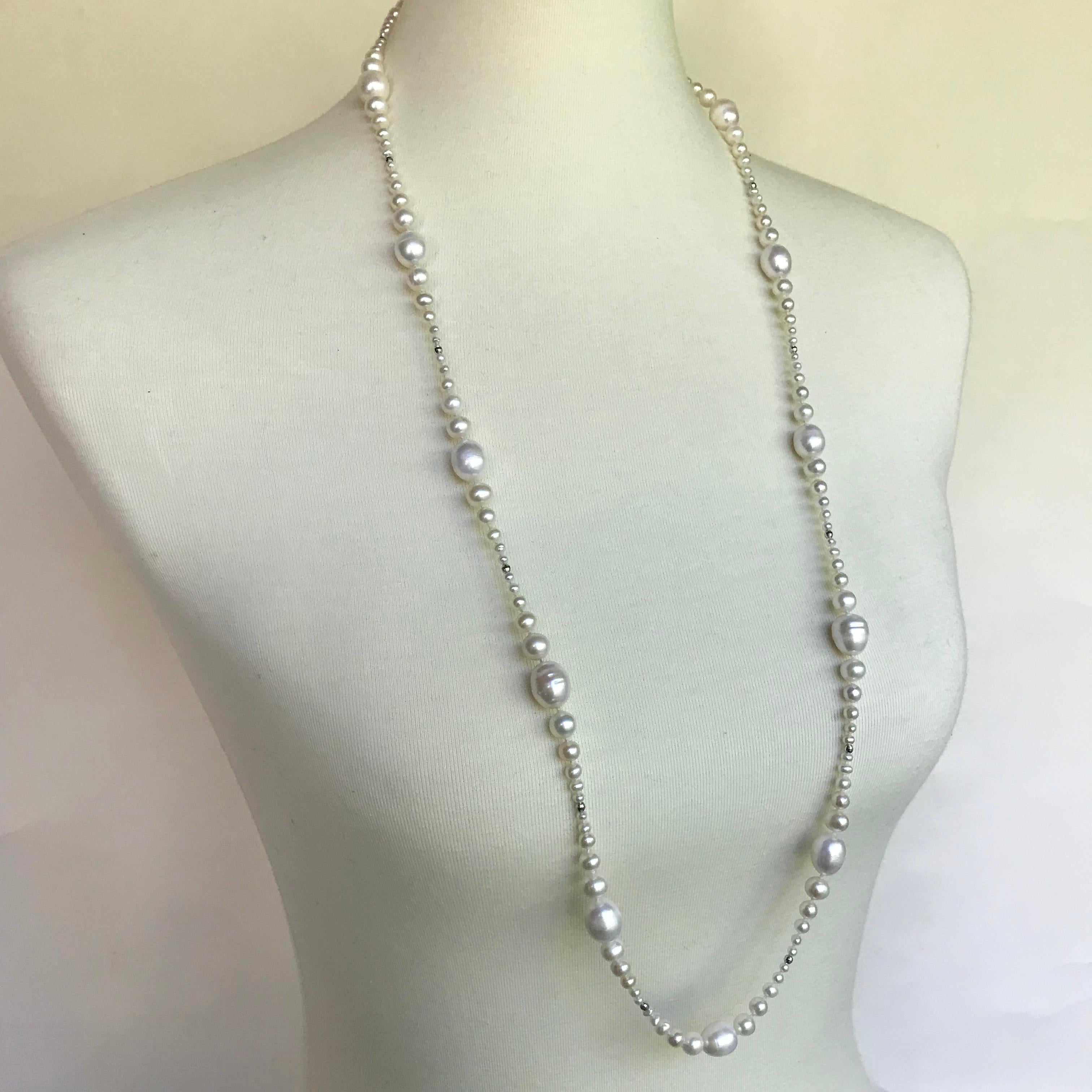 Marina J Multi-Graduated White Pearl Long Necklace with White Gold Clasp & Beads 2