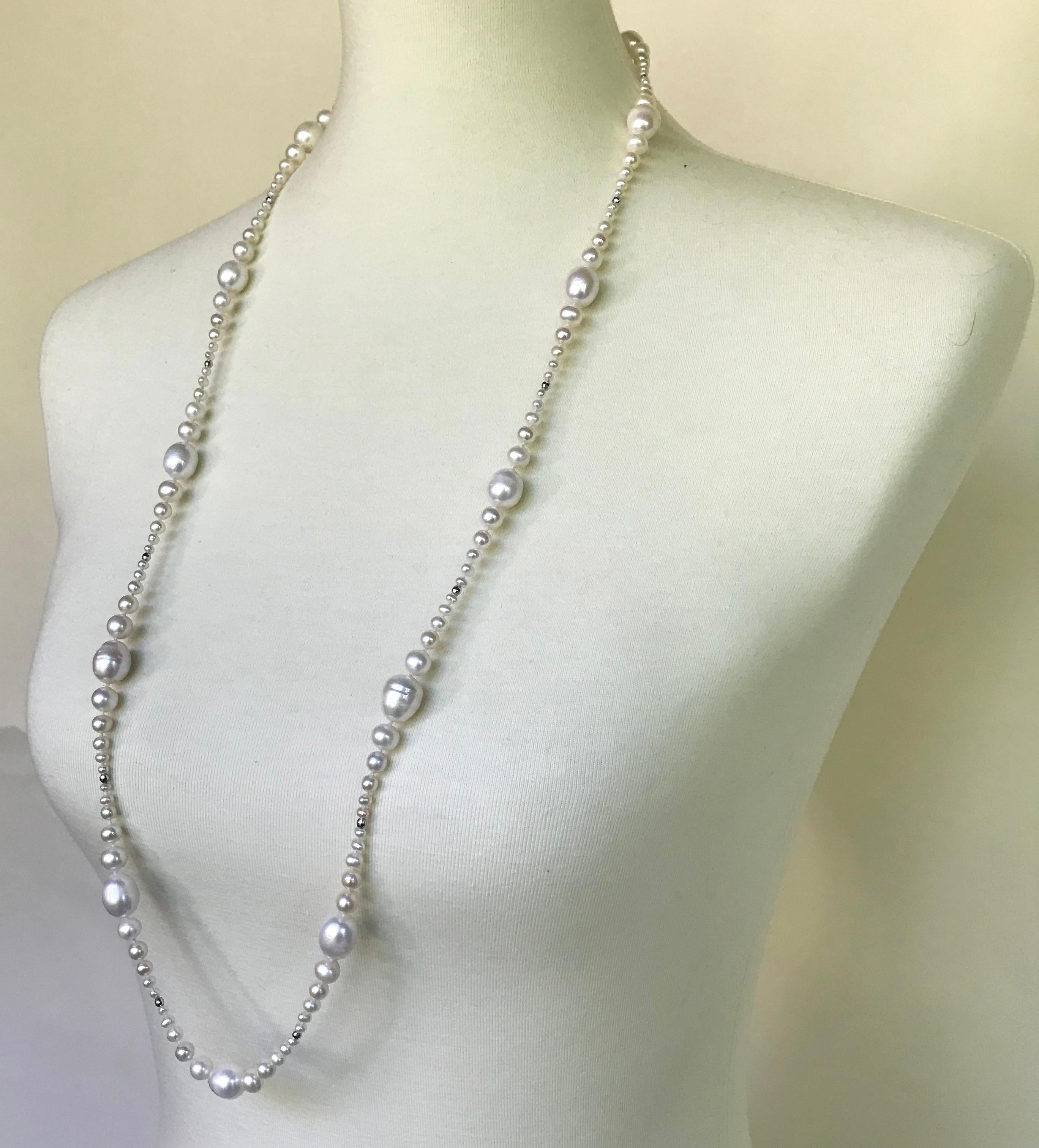 Marina J Multi-Graduated White Pearl Long Necklace with White Gold Clasp & Beads 3