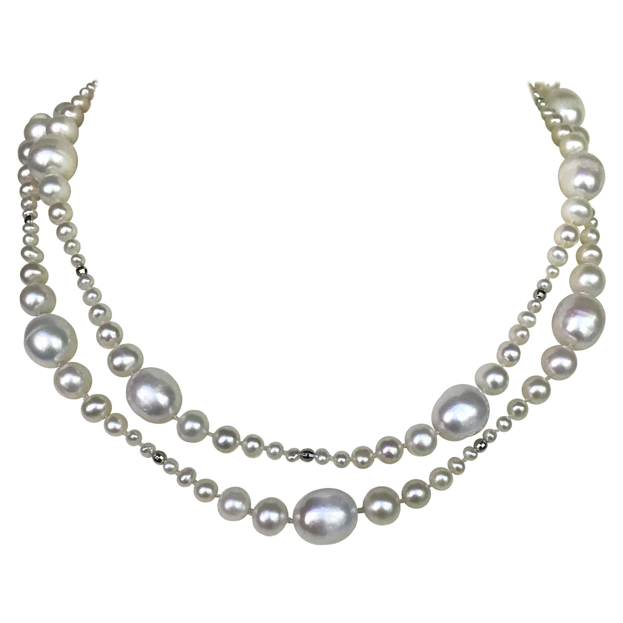 Marina J Multi-Graduated White Pearl Long Necklace with White Gold Clasp & Beads