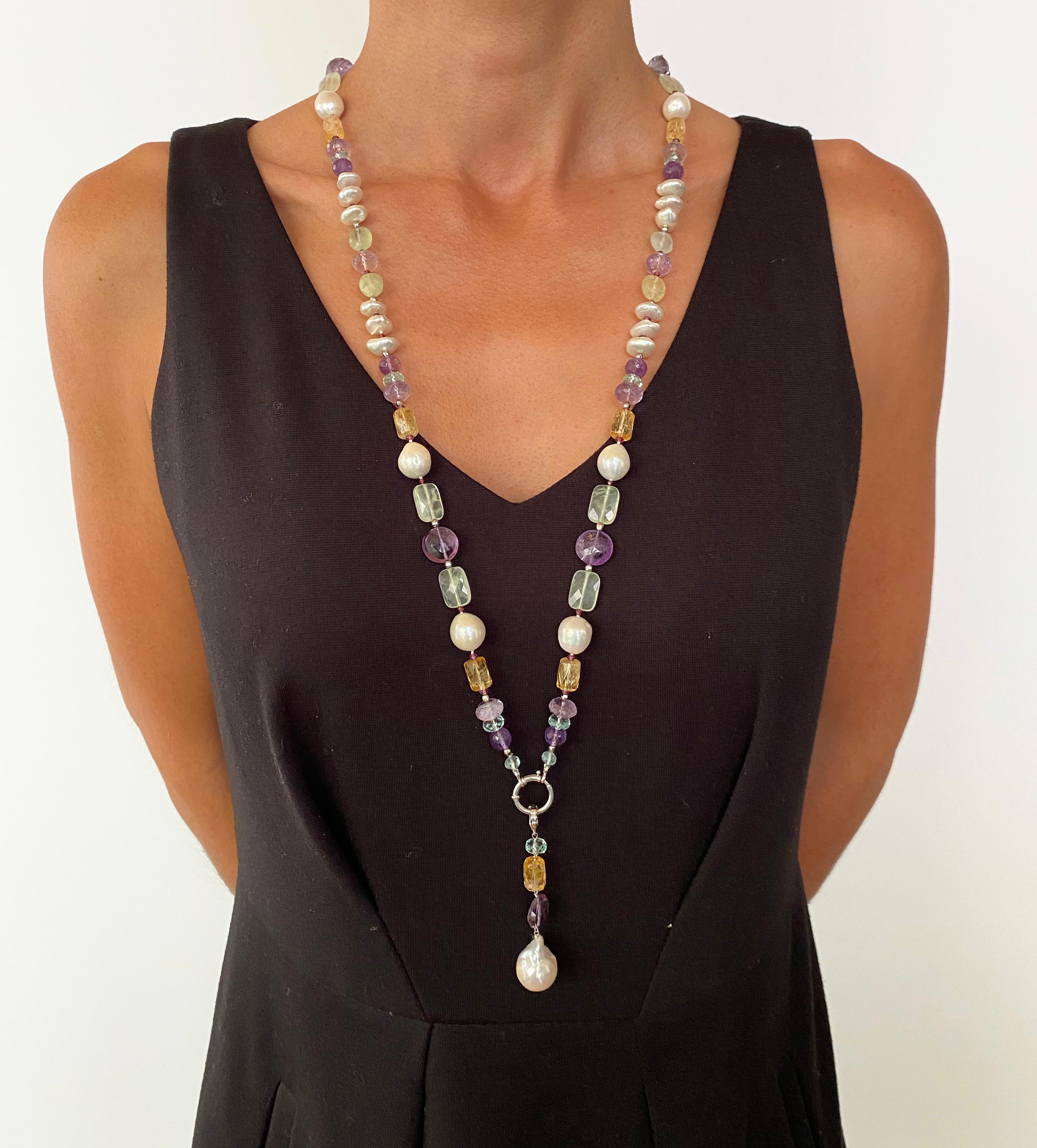 Artisan Marina J. Multi Jewel and Pearl Sautoir with Drop Tassel and 14k White Gold