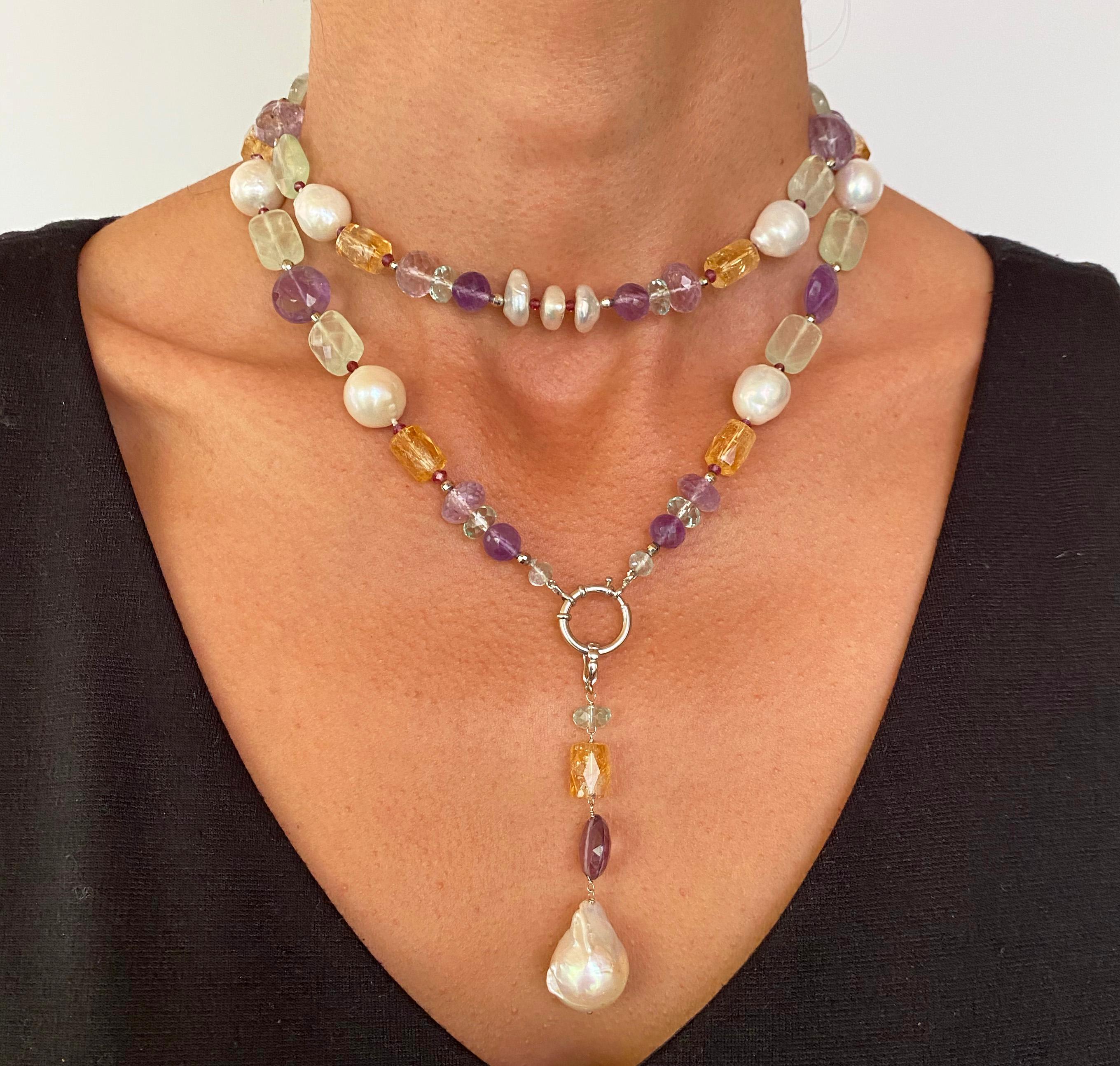 Marina J. Multi Jewel and Pearl Sautoir with Drop Tassel and 14k White Gold In New Condition In Los Angeles, CA