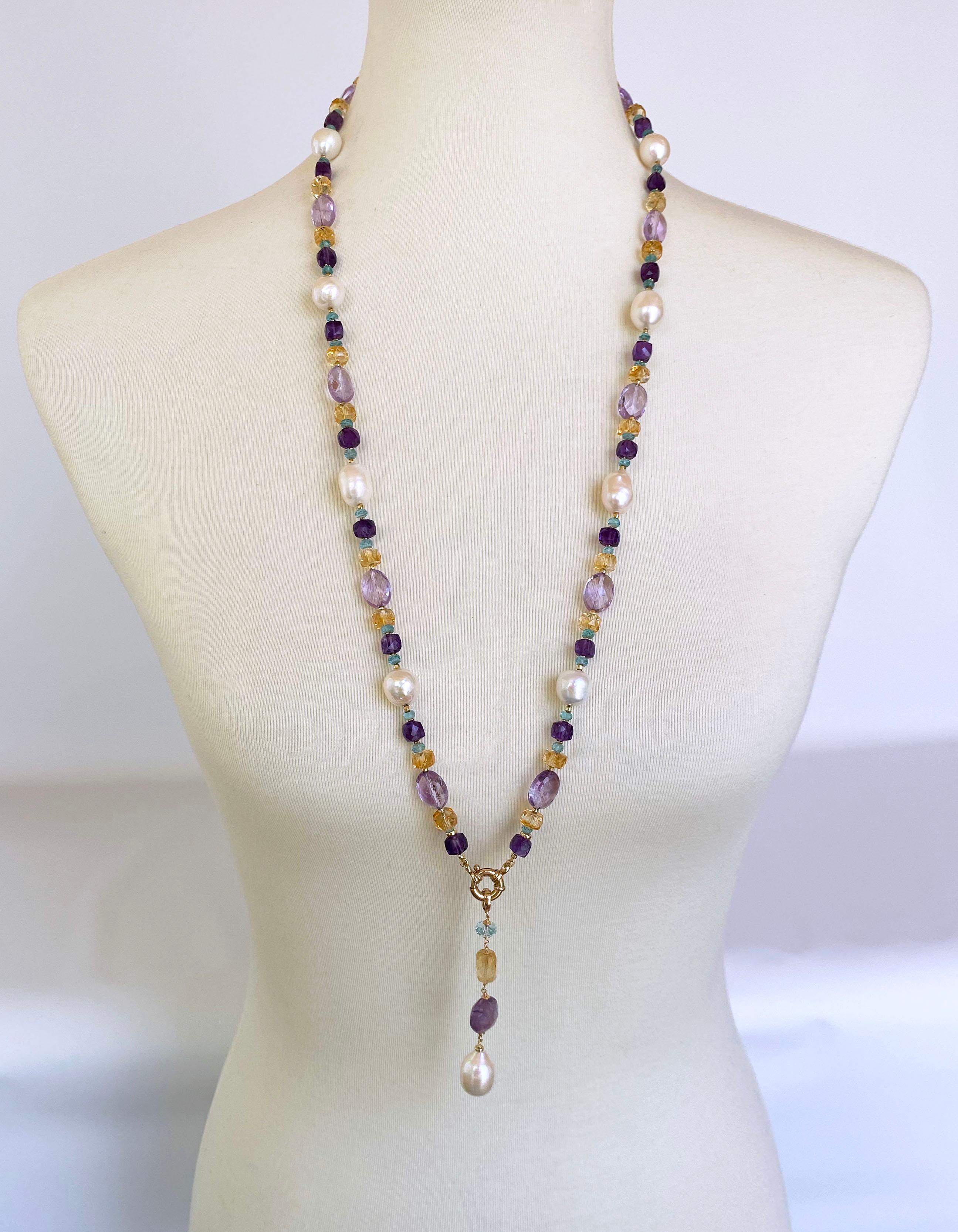 Artisan Marina J. Sautoir multi-pierres et perles avec pampille pendante et or jaune 14 carats