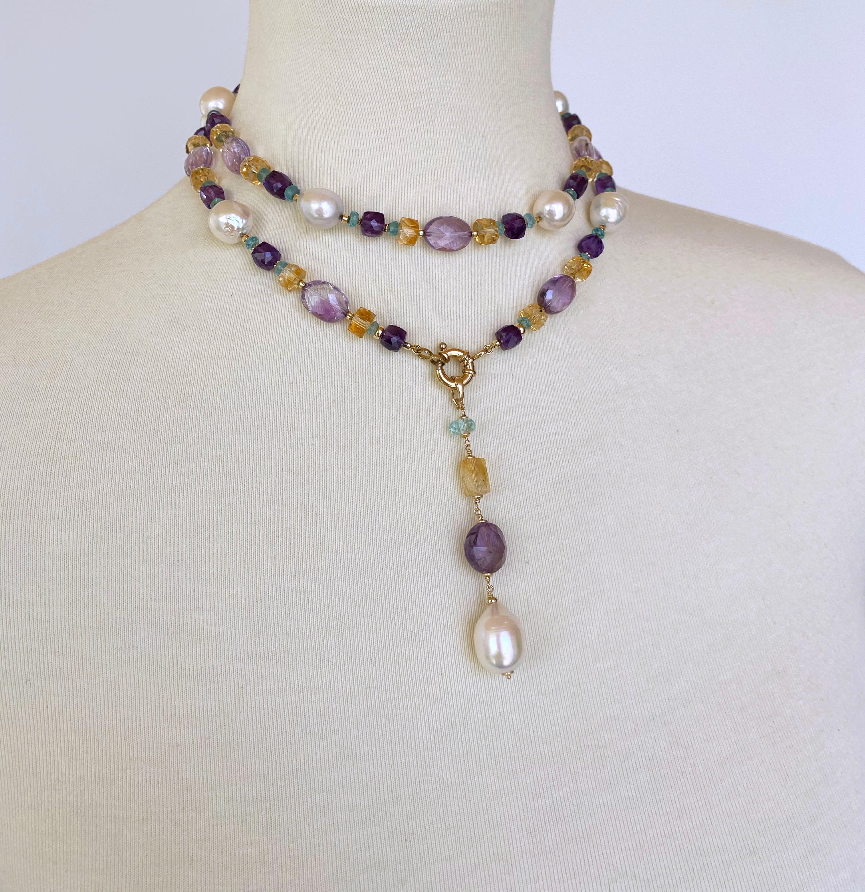 Marina J. Sautoir multi-pierres et perles avec pampille pendante et or jaune 14 carats 1