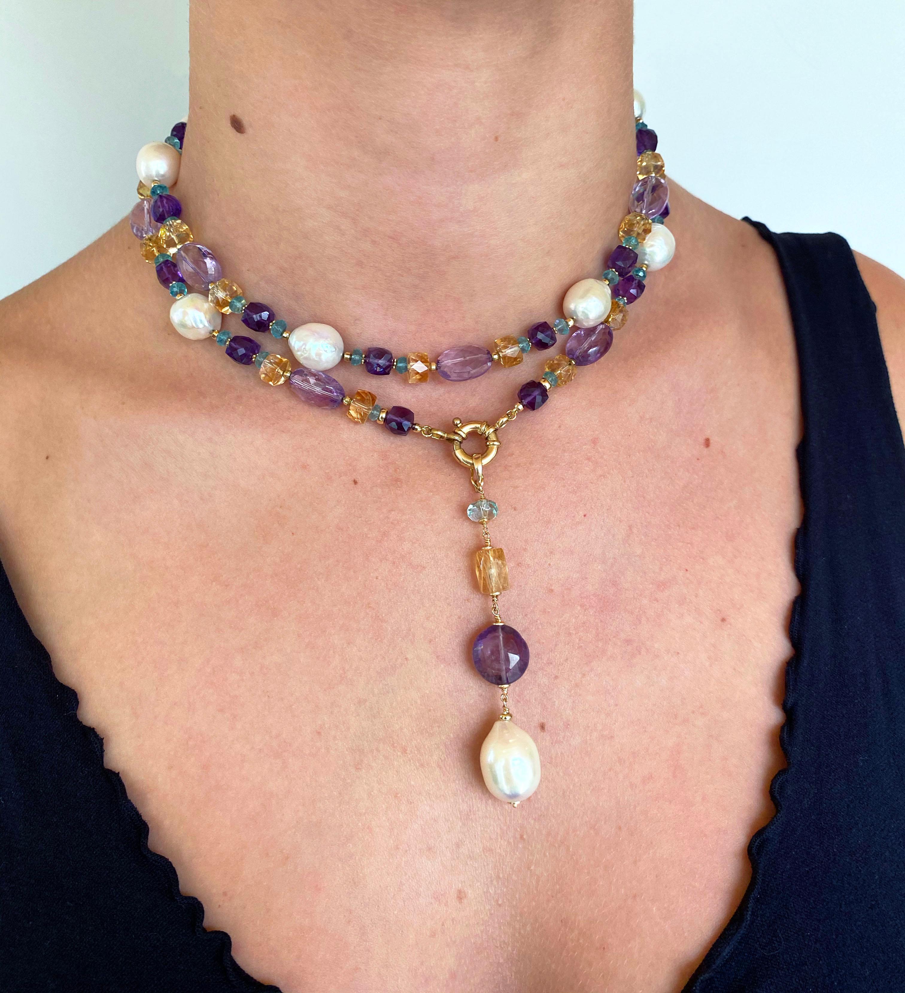 Marina J. Sautoir multi-pierres et perles avec pampille pendante et or jaune 14 carats Neuf à Los Angeles, CA