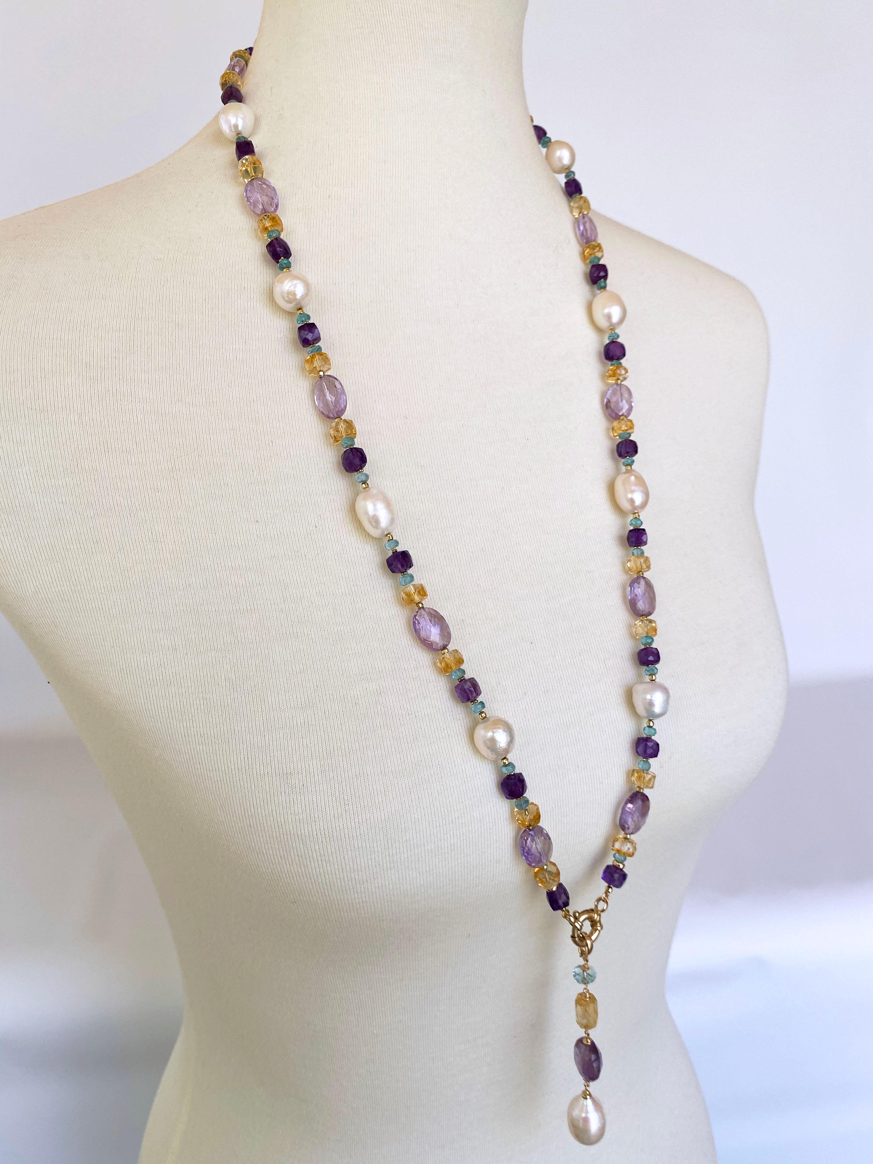 Marina J. Sautoir multi-pierres et perles avec pampille pendante et or jaune 14 carats 2