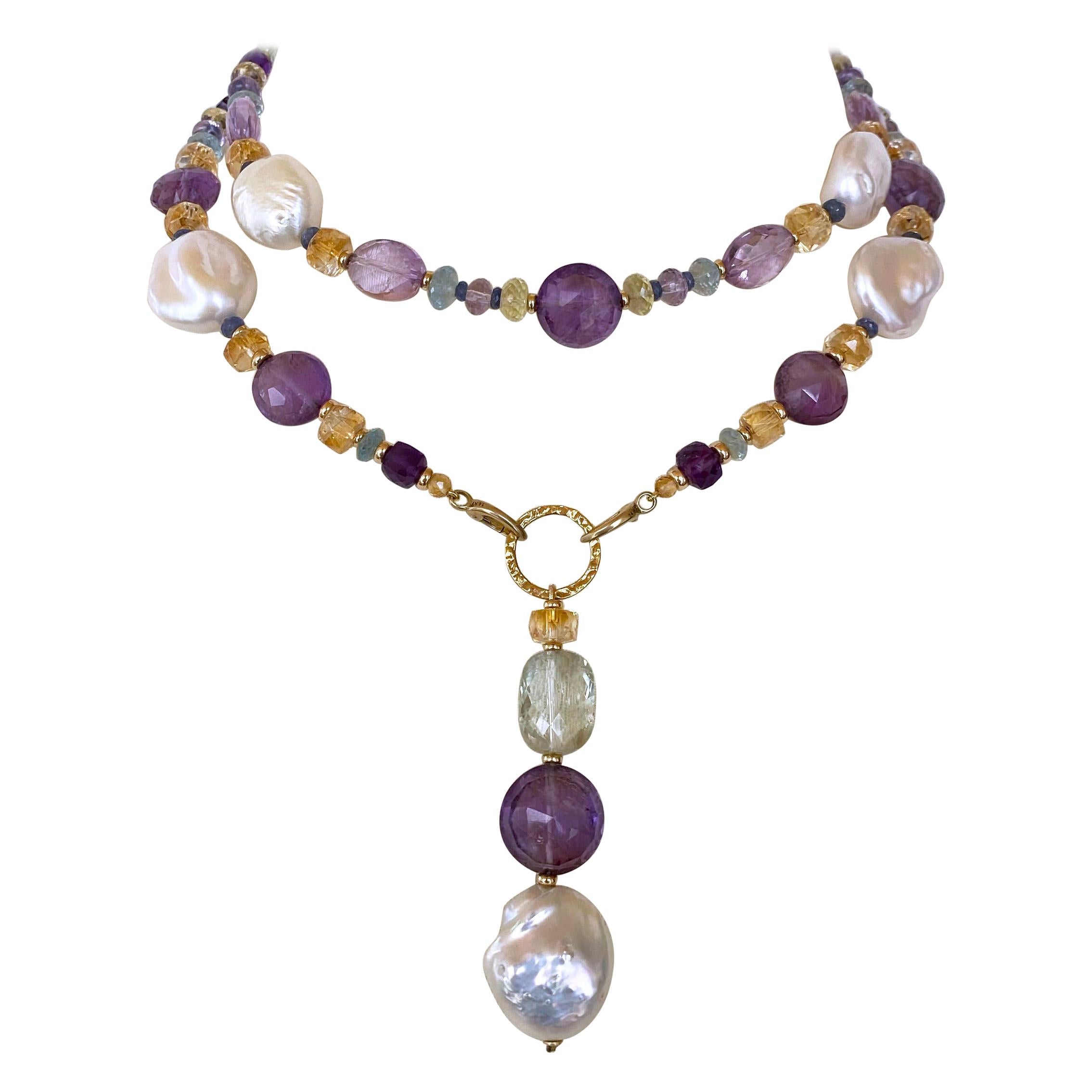 Marina J. Multi Jewel & Pearl Sautoir with Drop Tassel and 14K Yellow Gold