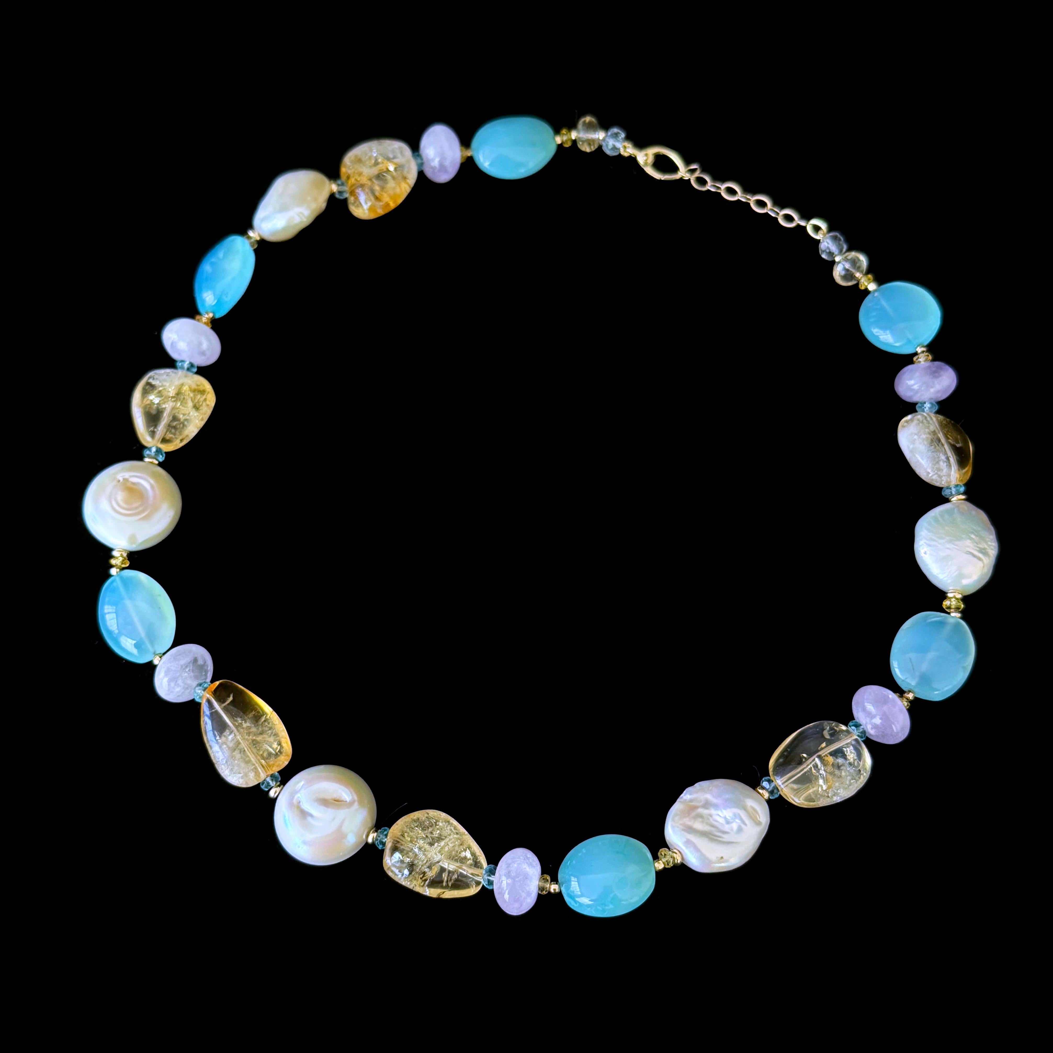 Marina J. Multi Stone & Baroque Pearl Necklace with Solid Gold Adjustable Clasp In New Condition For Sale In Los Angeles, CA