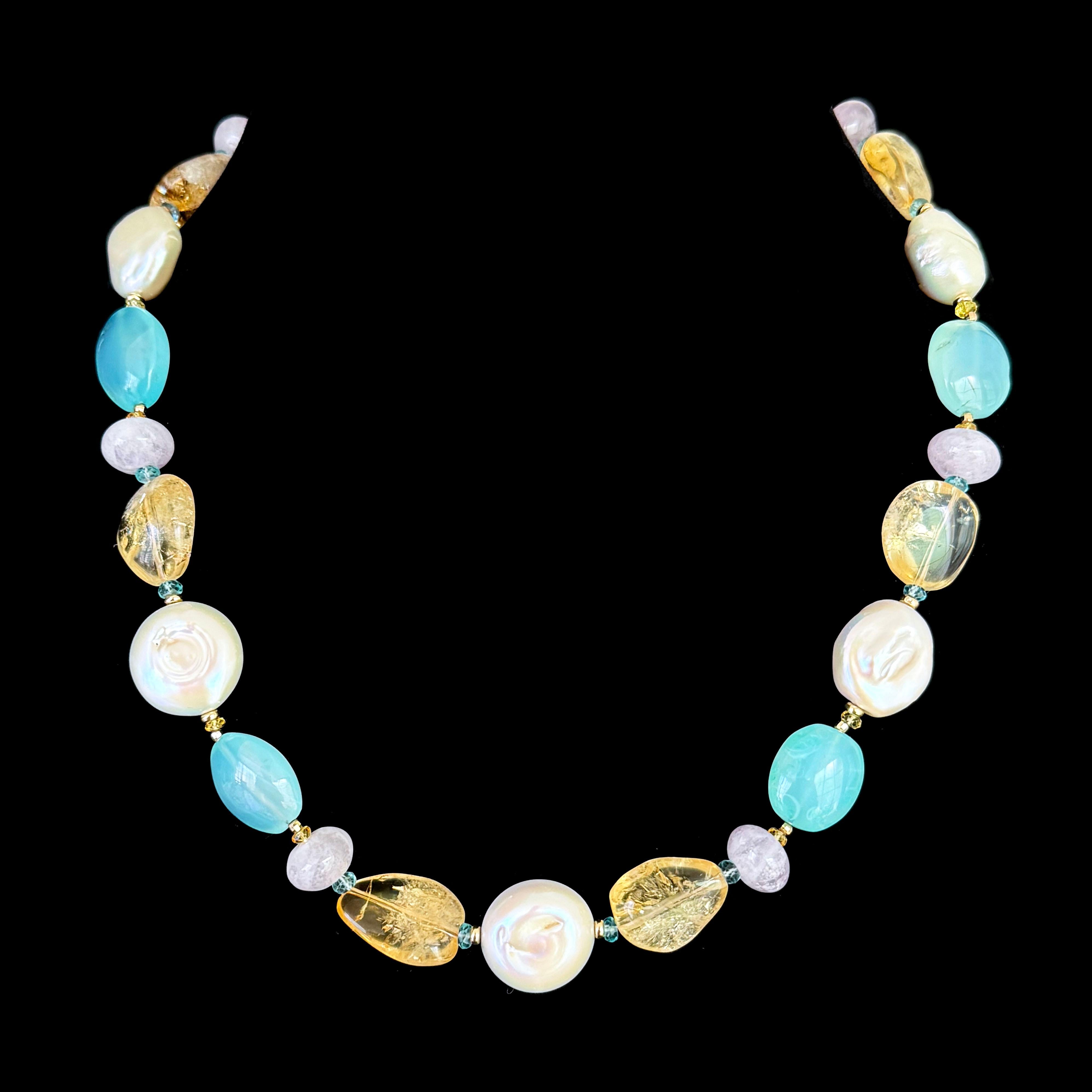 Women's Marina J. Multi Stone & Baroque Pearl Necklace with Solid Gold Adjustable Clasp For Sale
