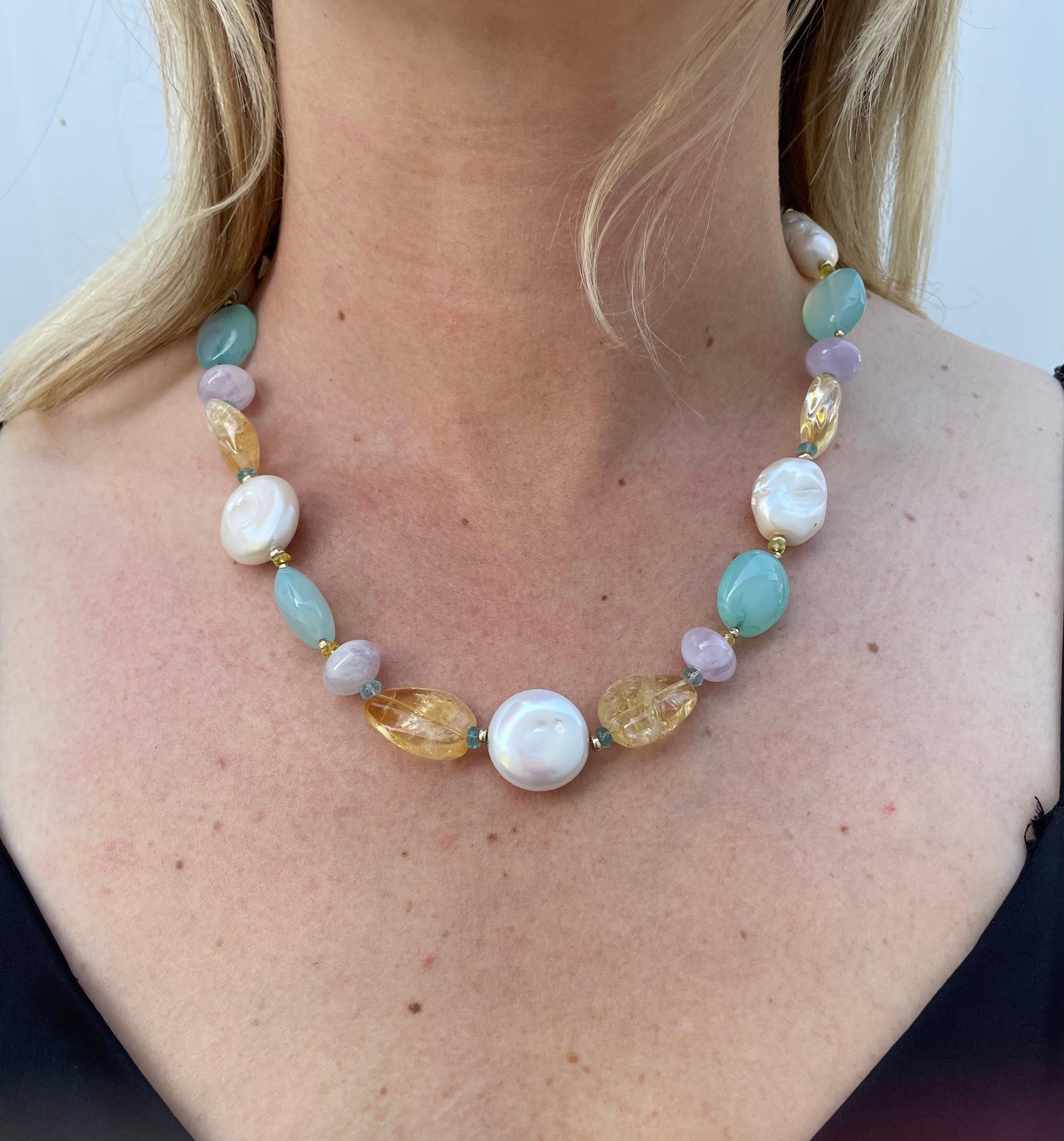 Marina J. Multi Stone & Baroque Pearl Necklace with Solid Gold Adjustable Clasp For Sale 1