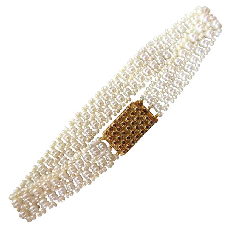 Marina J. Multi-Strand Unique Woven Seed Pearl Bracelet with Antique Gold Clasp For Sale