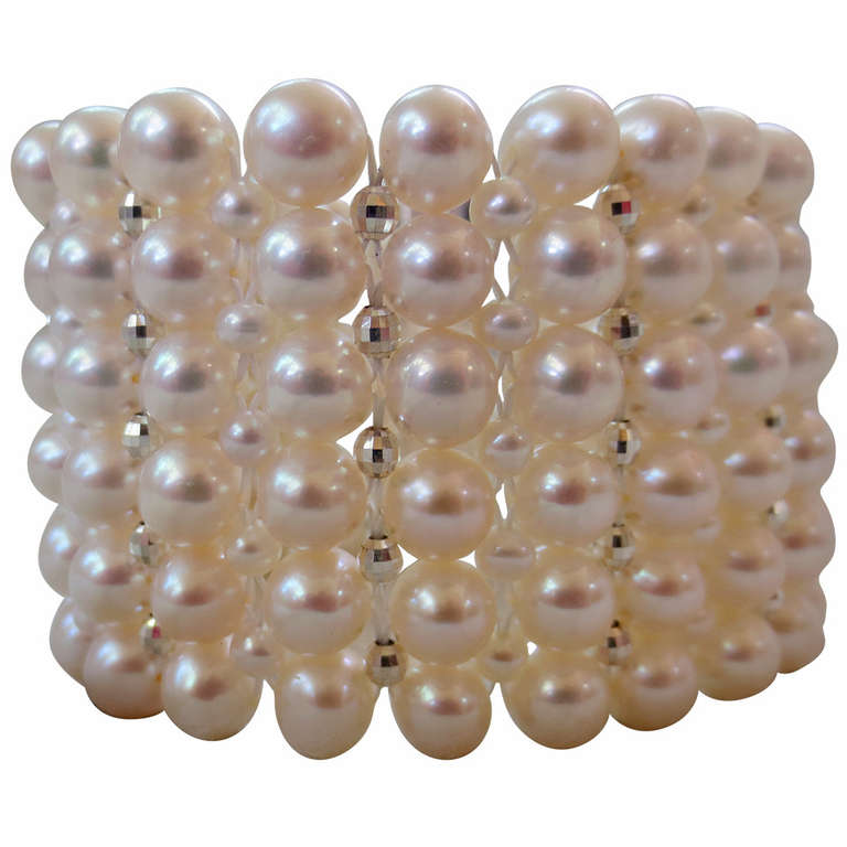 Marina J Multi Strand Woven Pearl Bracelet & Rhodium plated Silver Clasp & beads For Sale