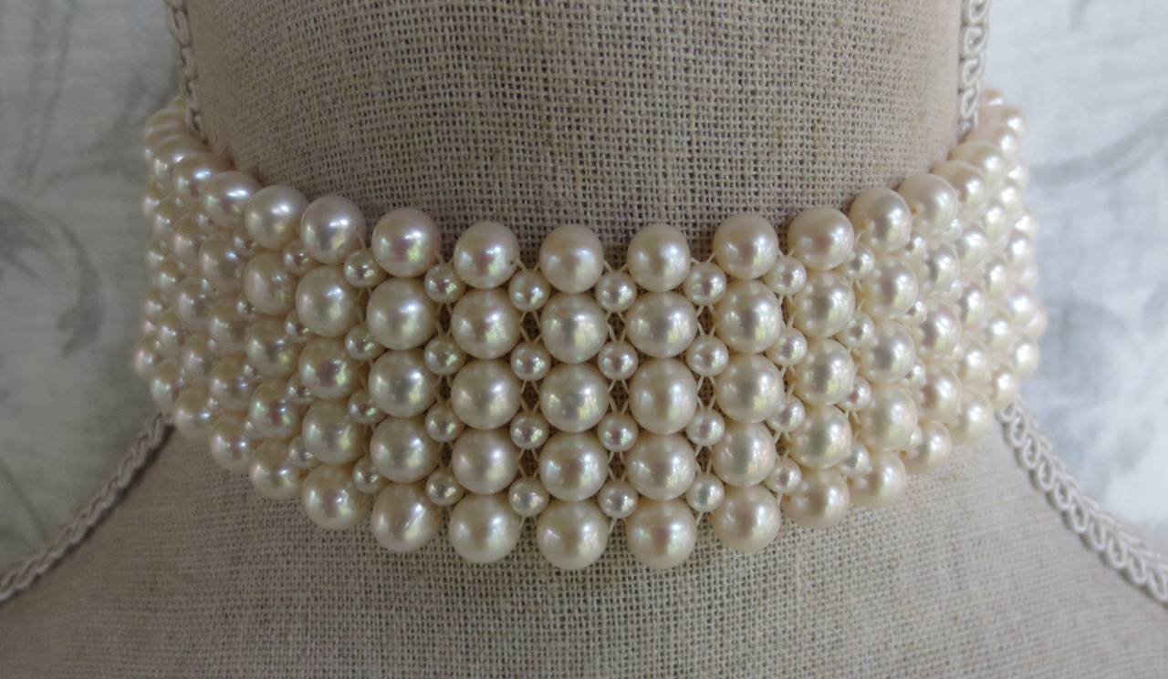 Bead Marina J. Statement White Pearl Woven Choker with White Gold Plated Silver Clasp