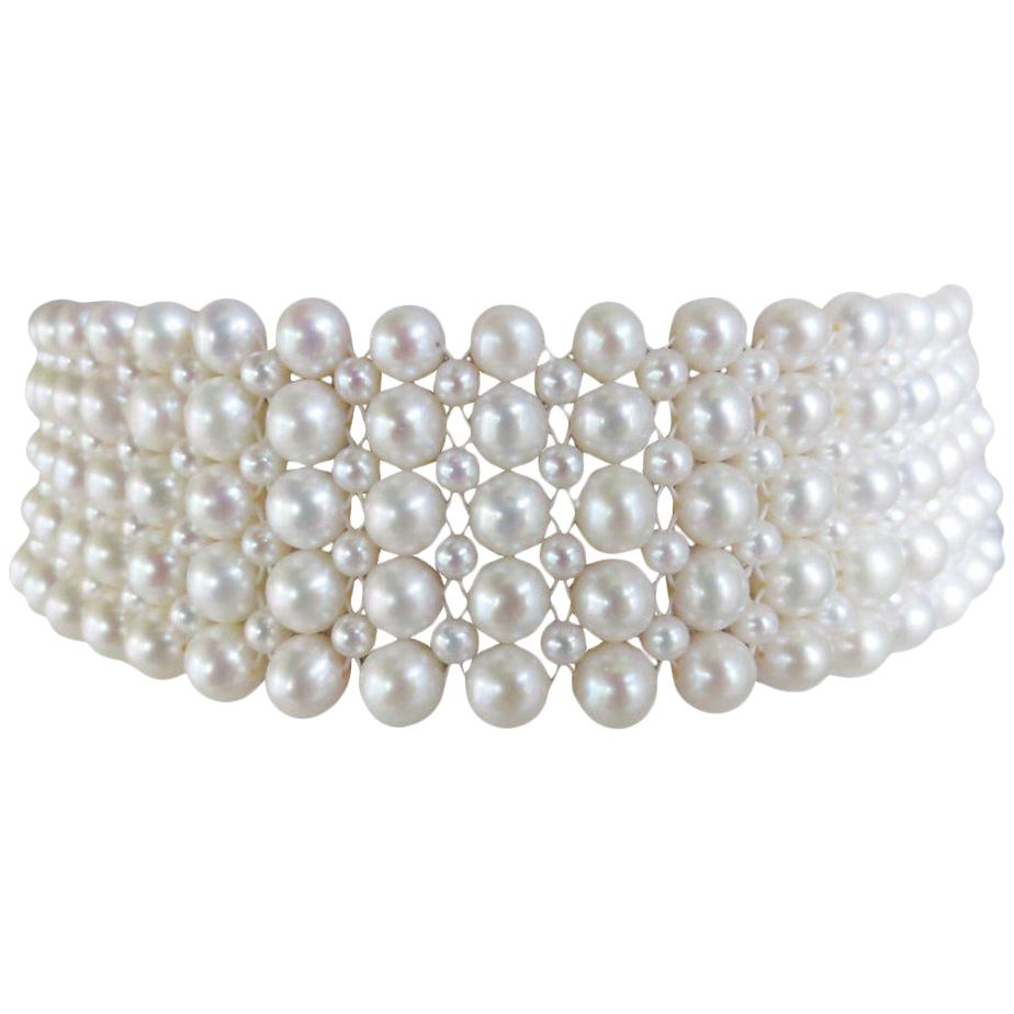 Marina J. Statement White Pearl Woven Choker with White Gold Plated Silver Clasp
