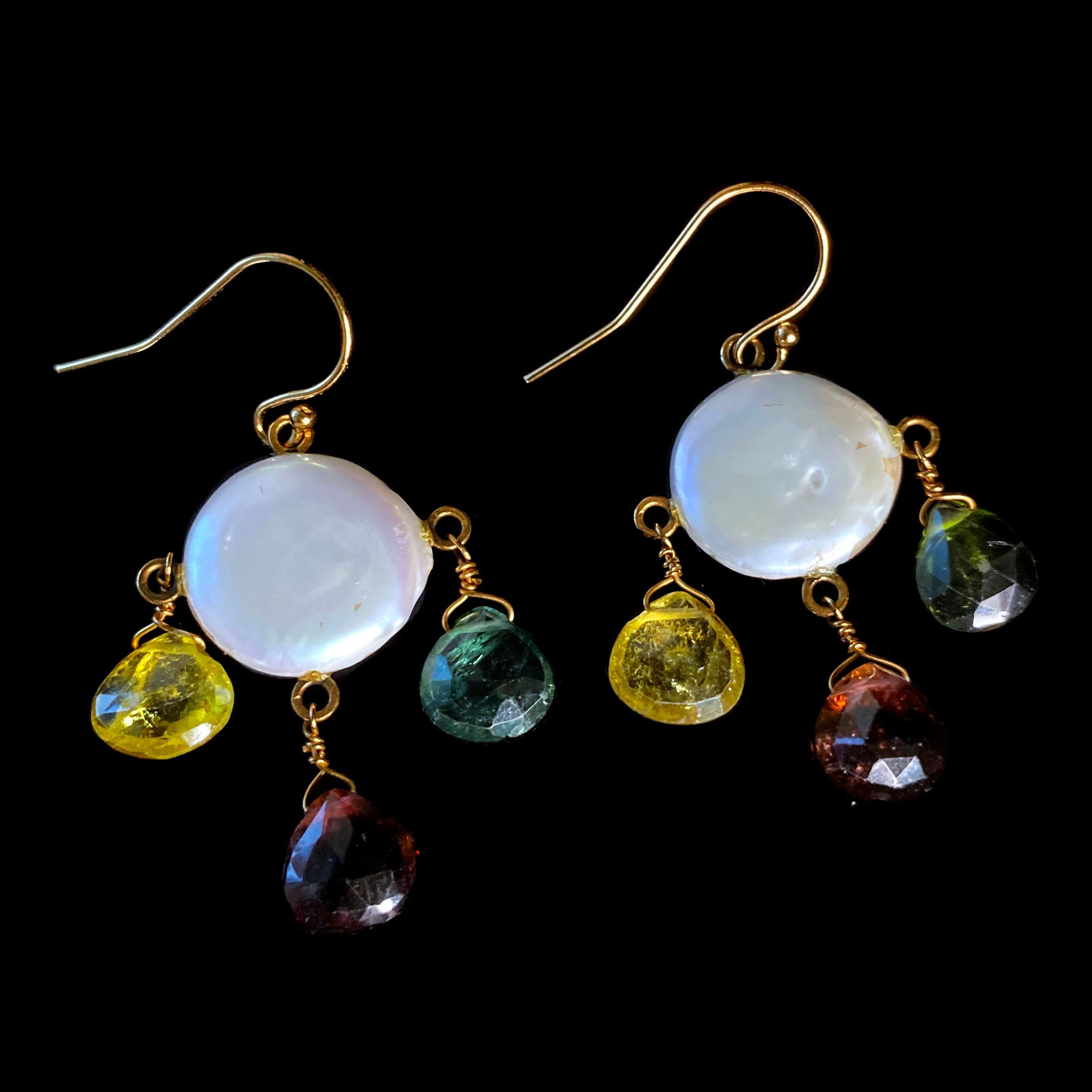 Beautiful pair of Chandelier Earrings by Marina J. This One of a Kind pair feature multi colored Tourmaline in a faceted Teardrop Briolette cut. The Tourmaline illuminate with radiant color when hit with light due to their translucent nature. The