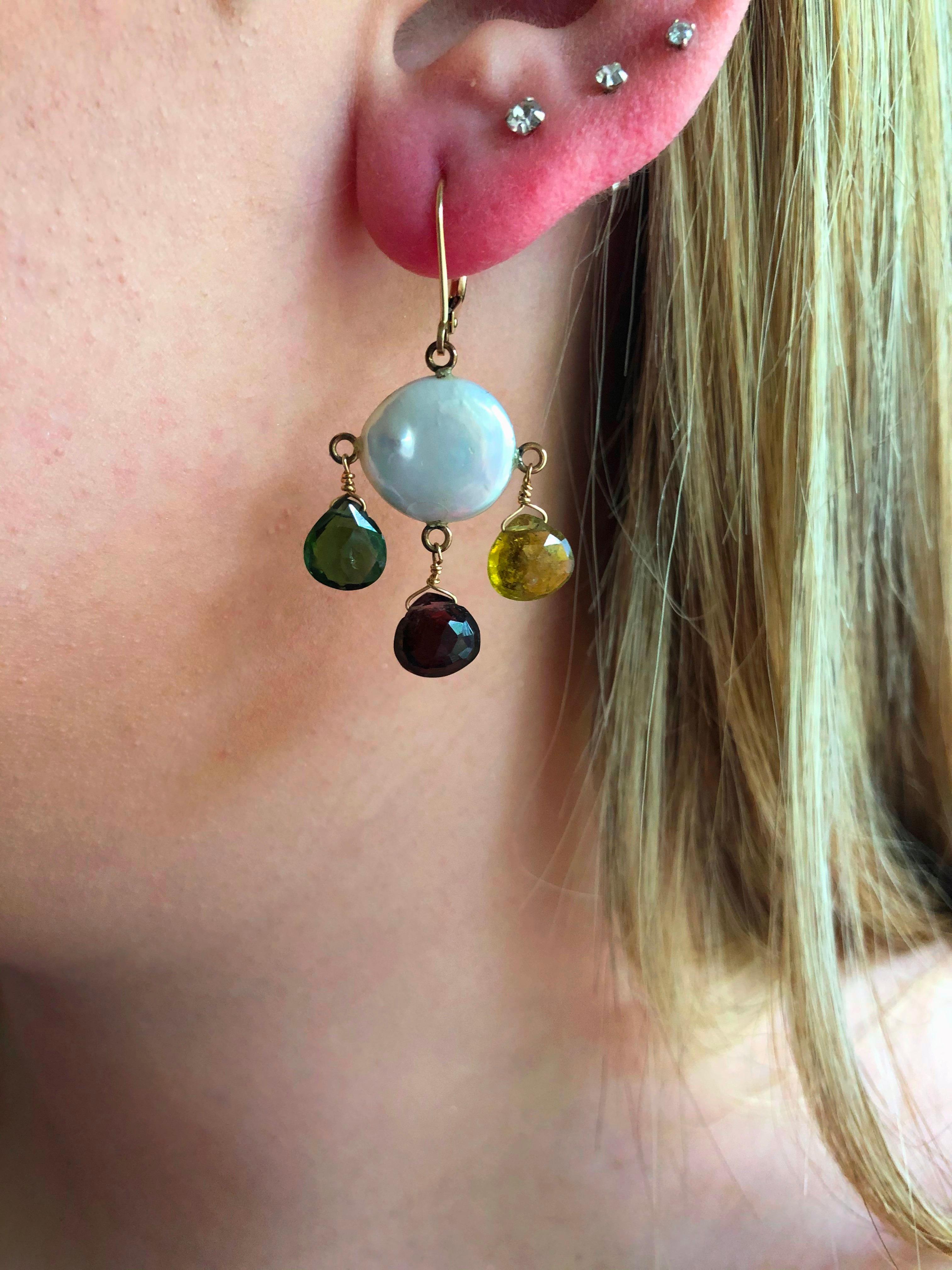 Marina J. Multicolor Tourmaline, Pearl & 14k Yellow Gold Chandelier Earrings In New Condition For Sale In Los Angeles, CA