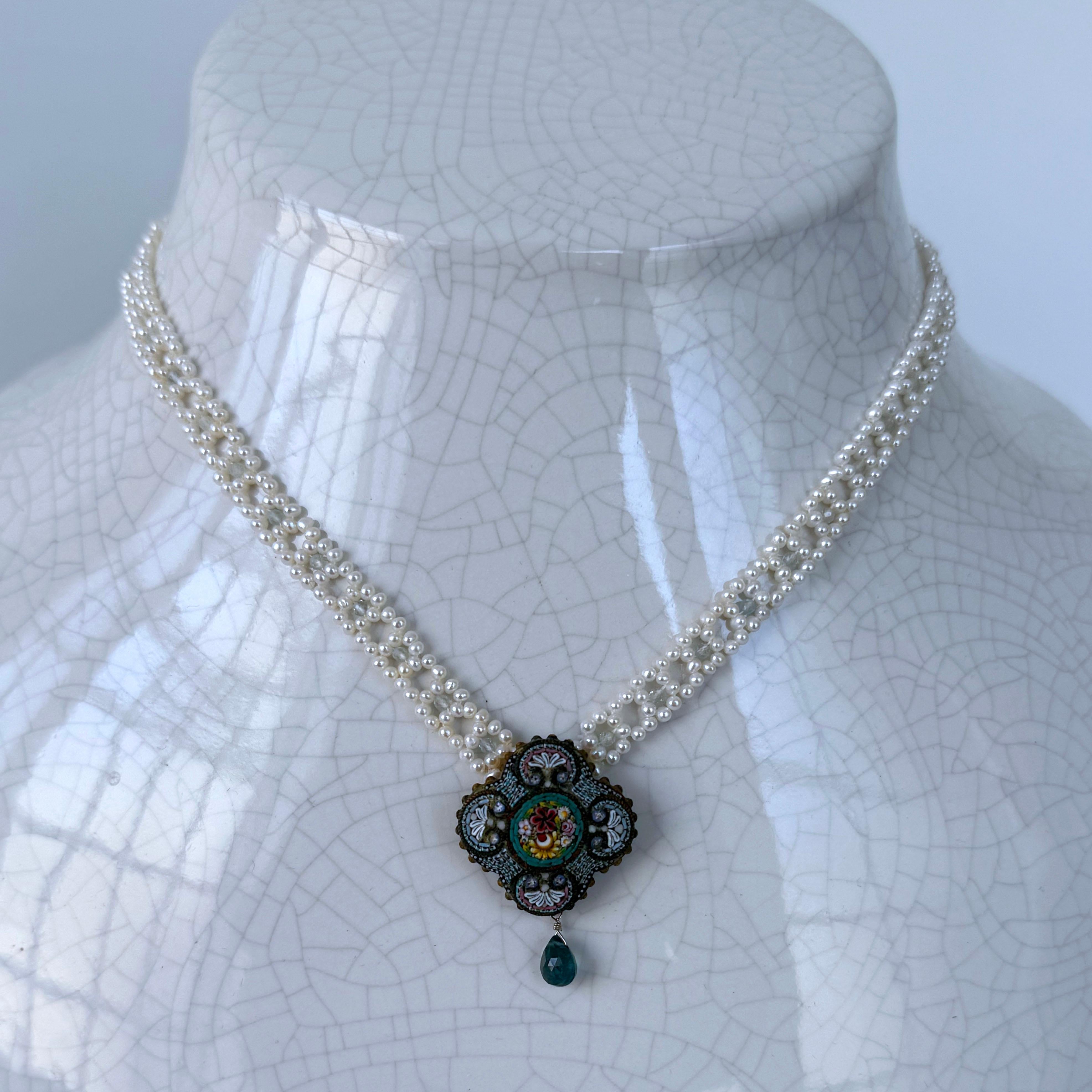 Bead Marina J Natural Pearl Woven Necklace + Floral Mosaic Centerpiece & Gold Clasp For Sale