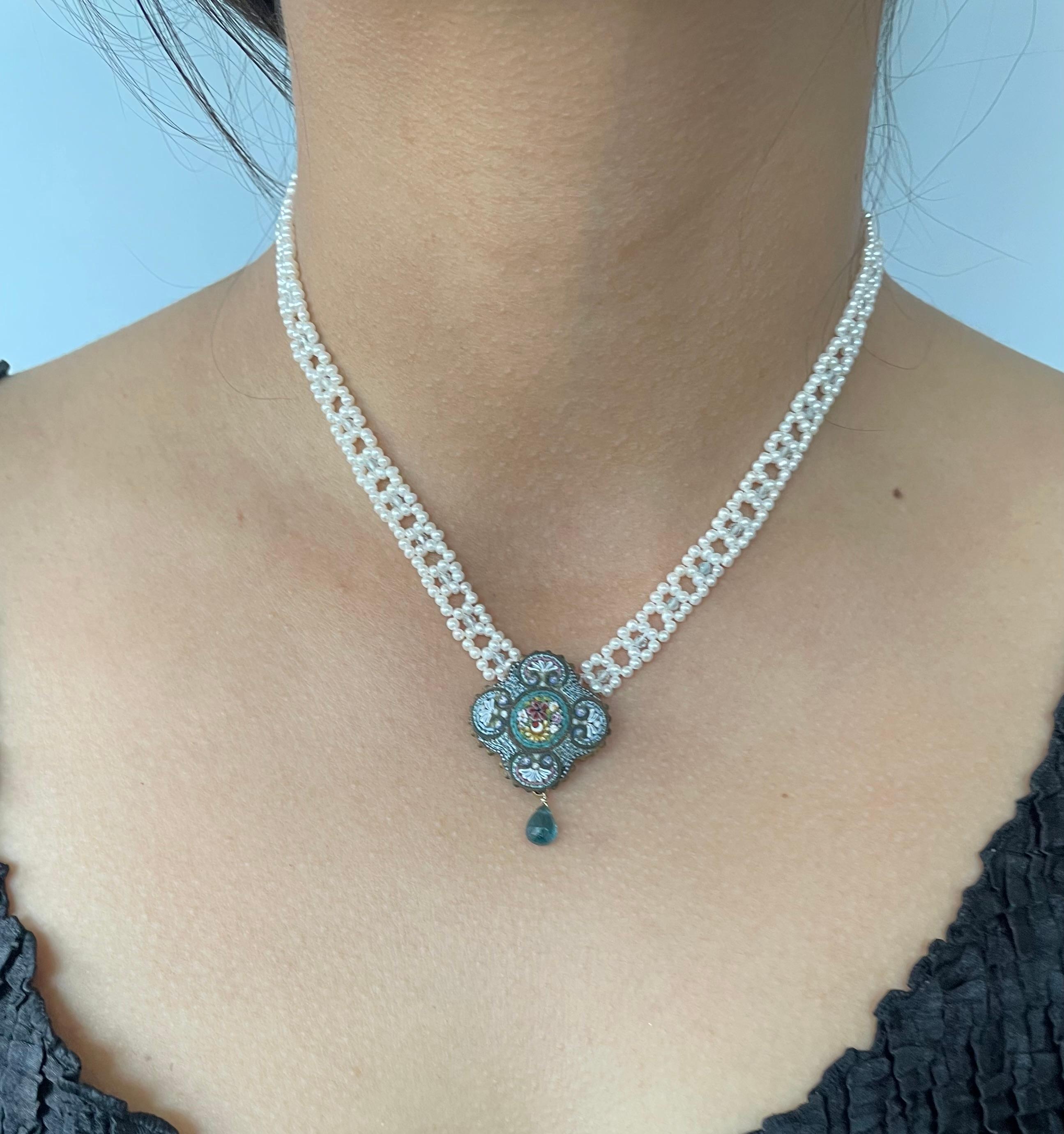 Artisan Marina J Natural Pearl Woven Necklace + Floral Mosaic Centerpiece & Gold Clasp For Sale
