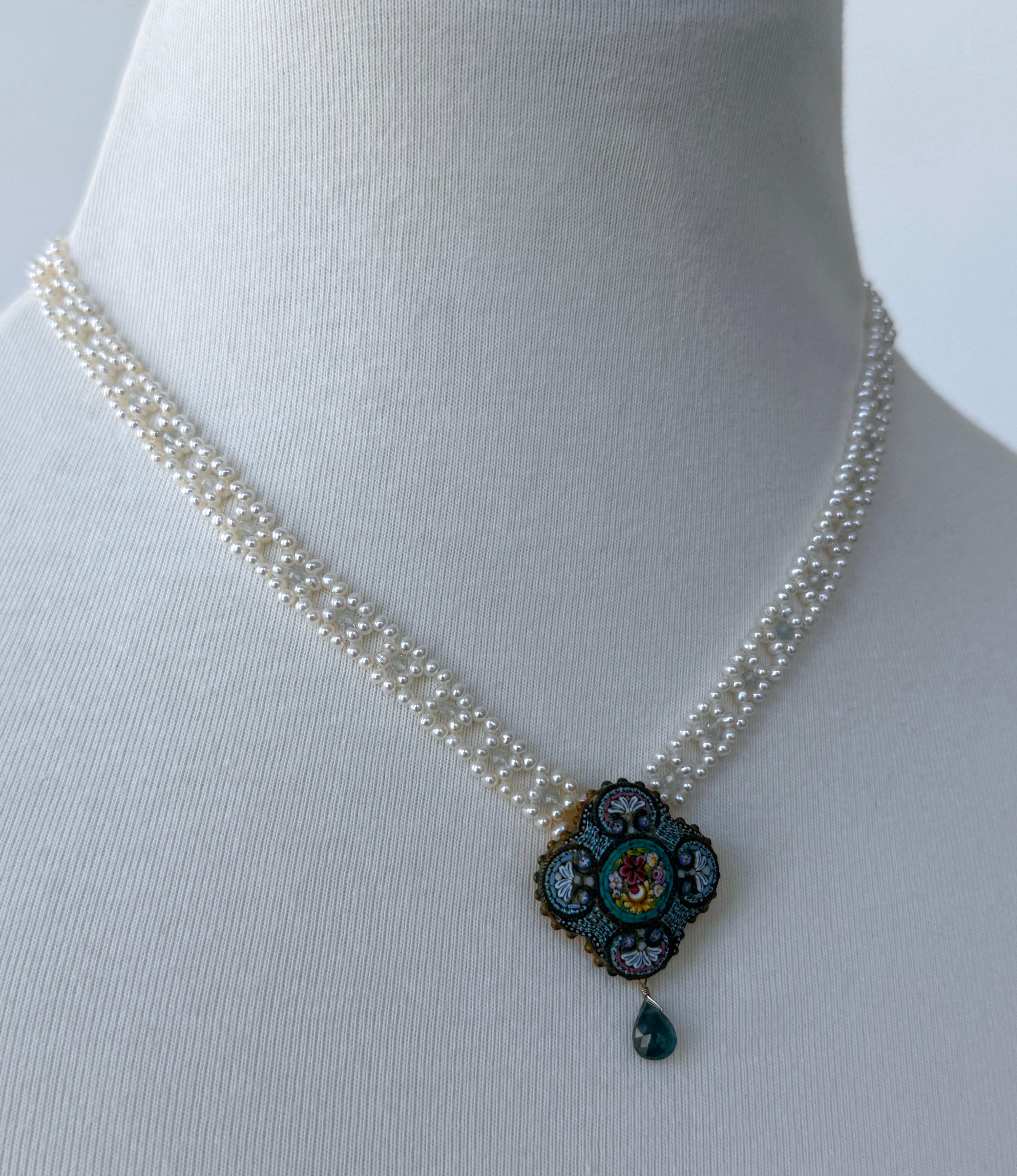 Marina J Natural Pearl Woven Necklace + Floral Mosaic Centerpiece & Gold Clasp In New Condition For Sale In Los Angeles, CA