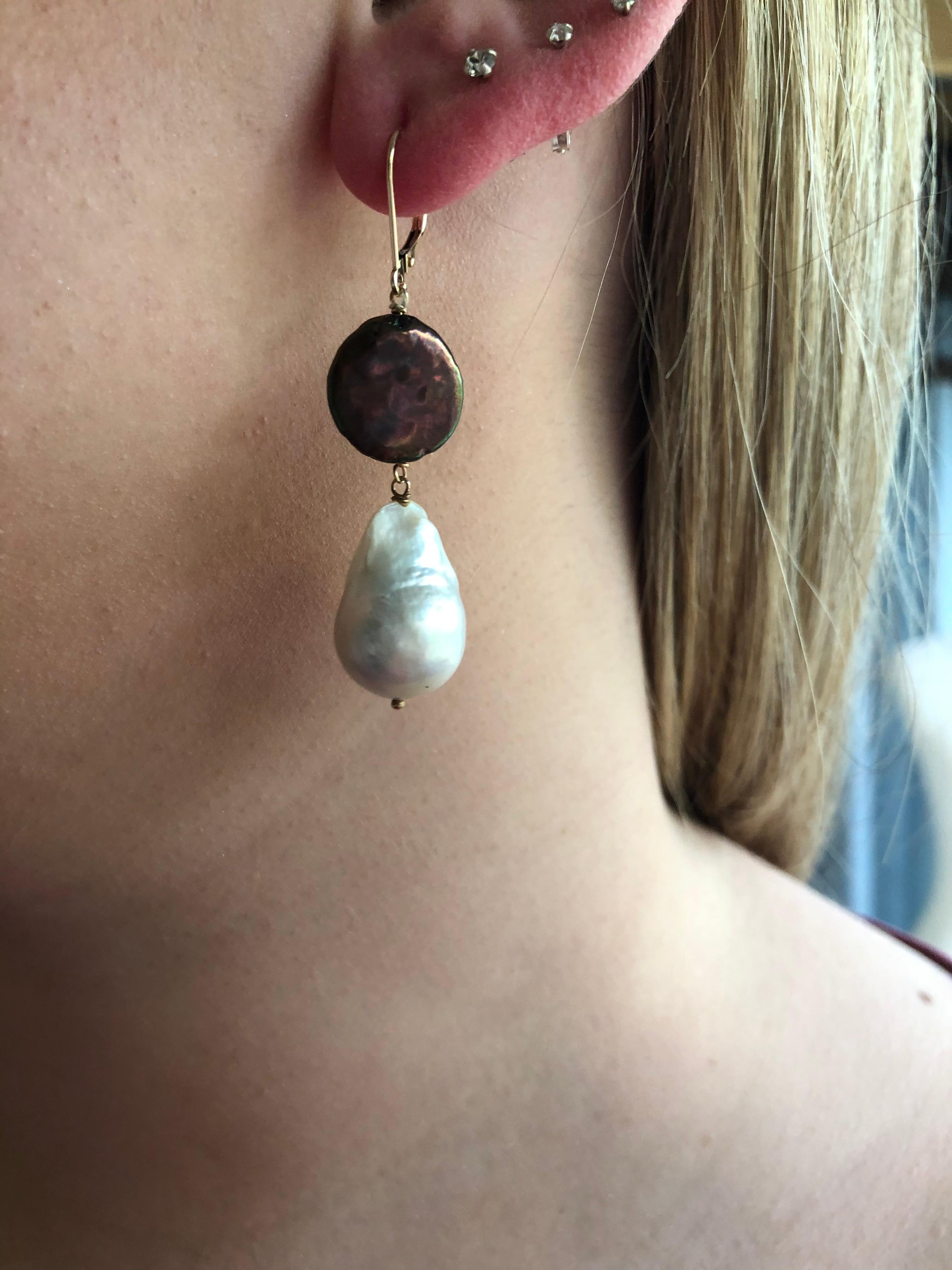 Women's Marina J. Natural Shaped Black and White Pearl Earrings with 14K Yellow Gold For Sale