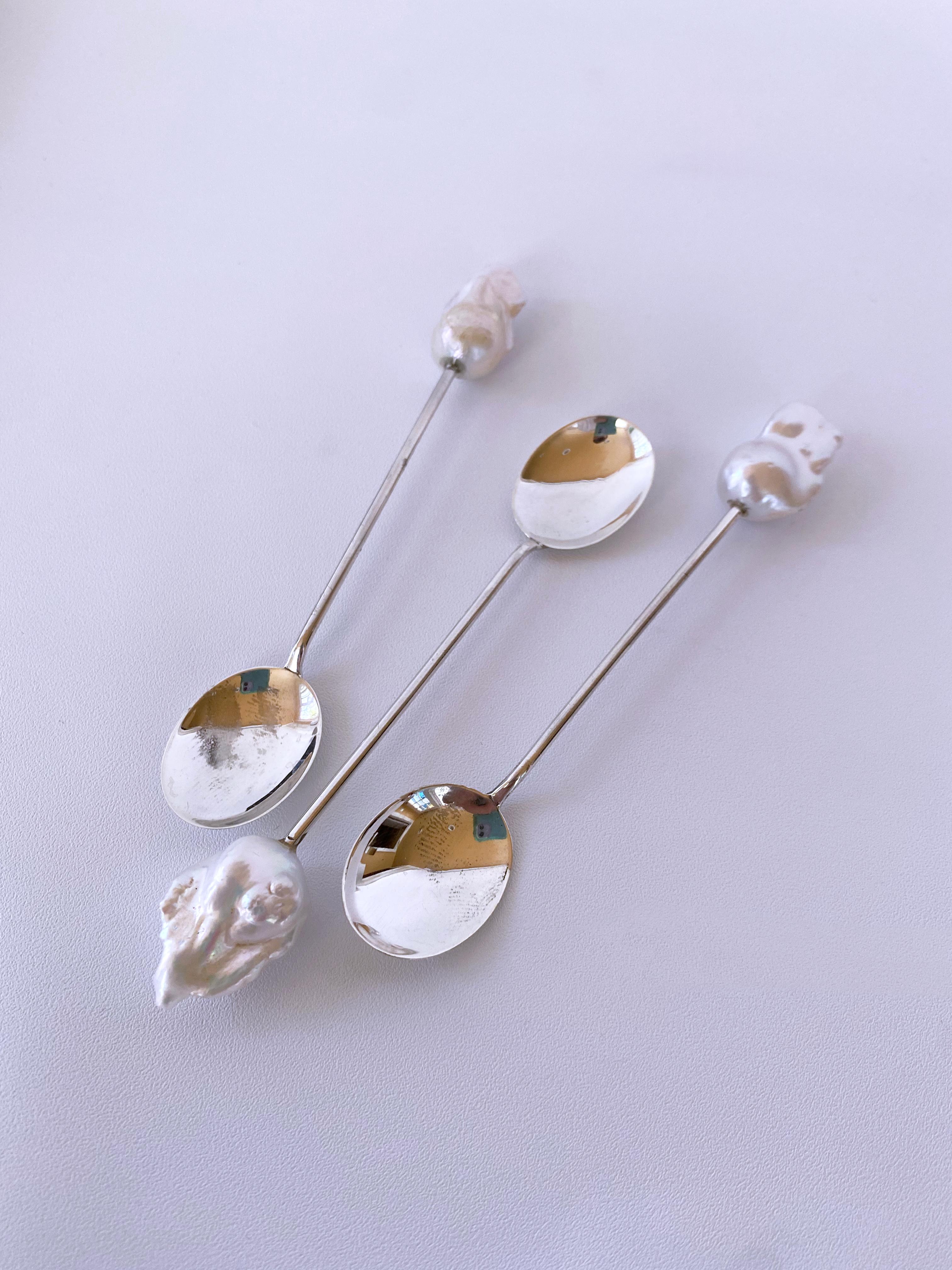 Bead Marina J. One of A Kind Antique Sterling Silver and Baroque Pearl Spoons For Sale