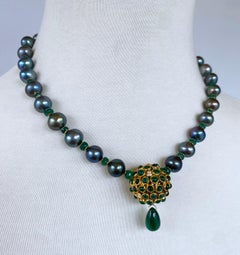 Marina J. One of A Kind Black Pearl, Emerald & Solid 14k Yellow Gold Necklace