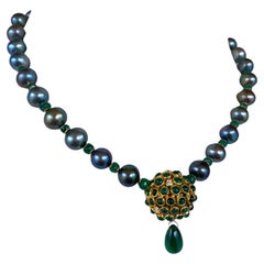 Marina J. One of A Kind Black Pearl, Emerald & Solid 14k Yellow Gold Necklace